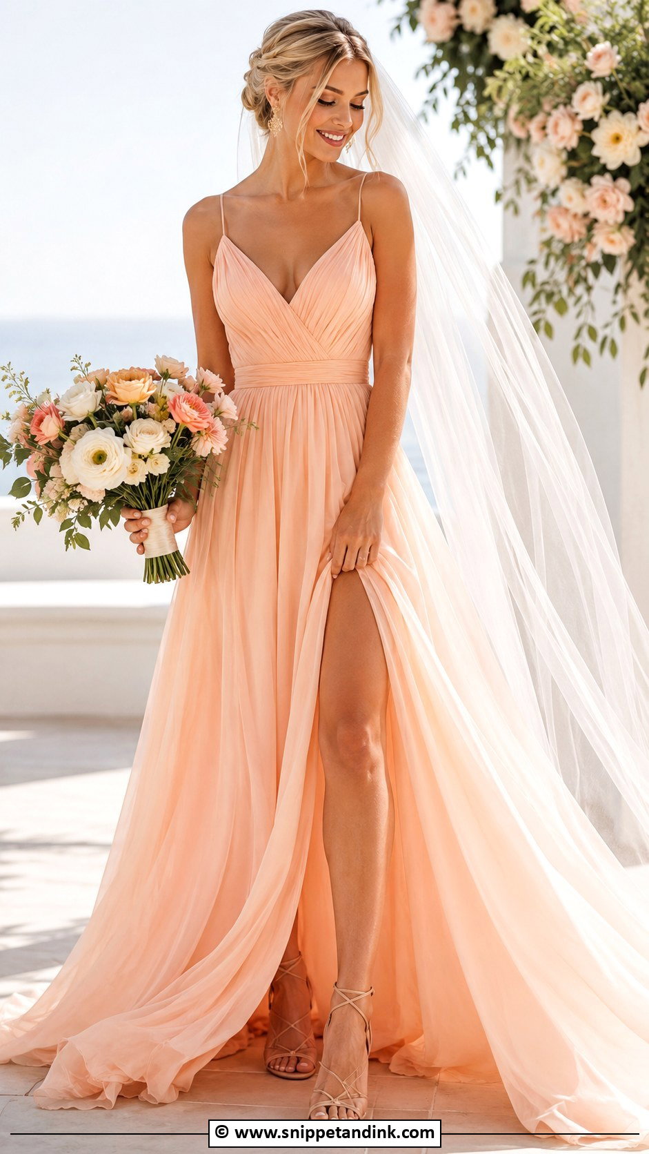 Peach Wedding Dress With Strappy Nude Heels - Snippet and Ink - 30 Colorful Wedding Dress Ideas