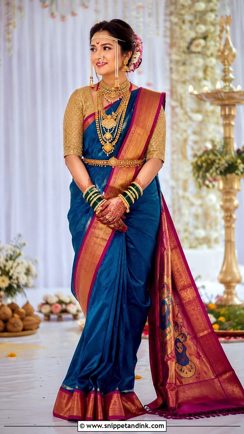 Peacock Blue Marathi Bride Saree - Snippet and Ink - 30 Marathi Bride Look Ideas