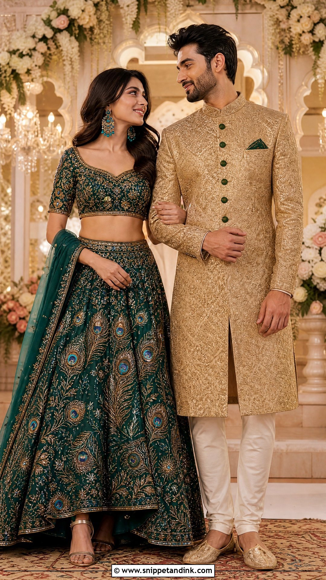 Peacock Green Lehenga And Gold Sherwani Sangeet Couple Outfit - Snippet and Ink - 25 Sangeet Couple Outfits