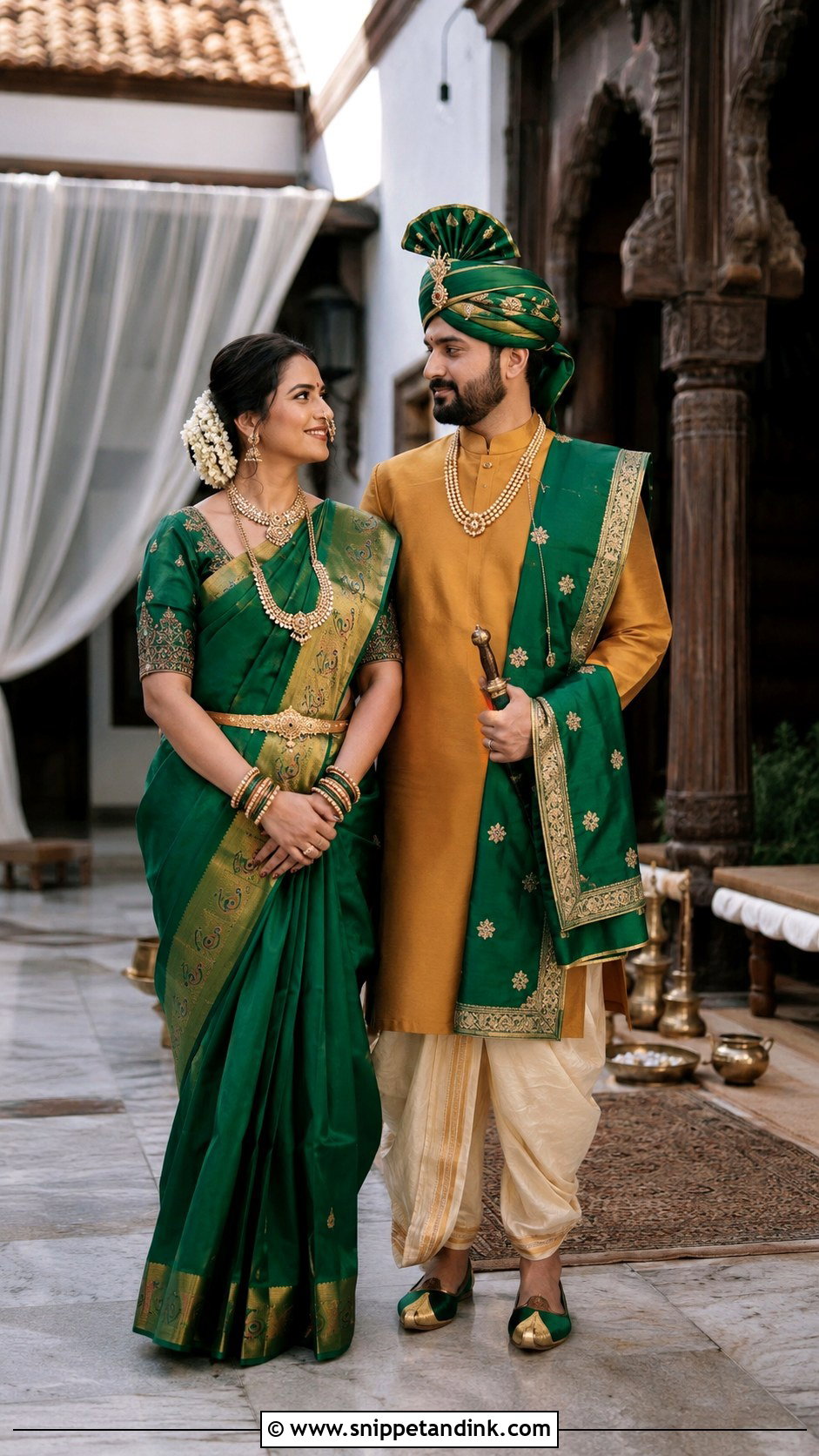 Peacock Green Paithani And Mustard Peshwai Groom Look - Snippet and Ink - 25 Peshwai Look for Wedding Couple Ideas