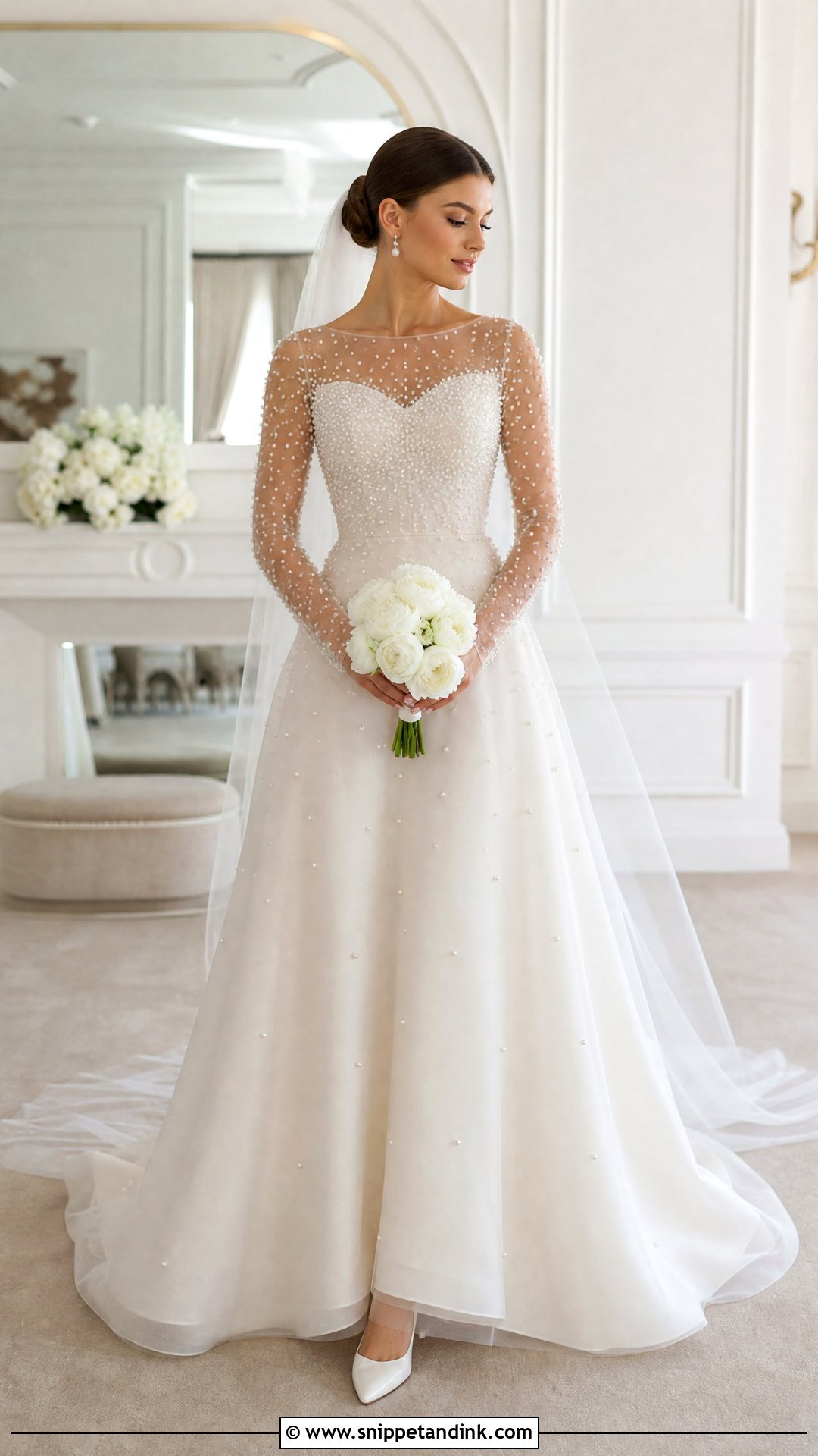 Pearl A Line Wedding Dress With Sheer Sleeves - Snippet and Ink - 25 Aline Wedding Dress with Sleeves