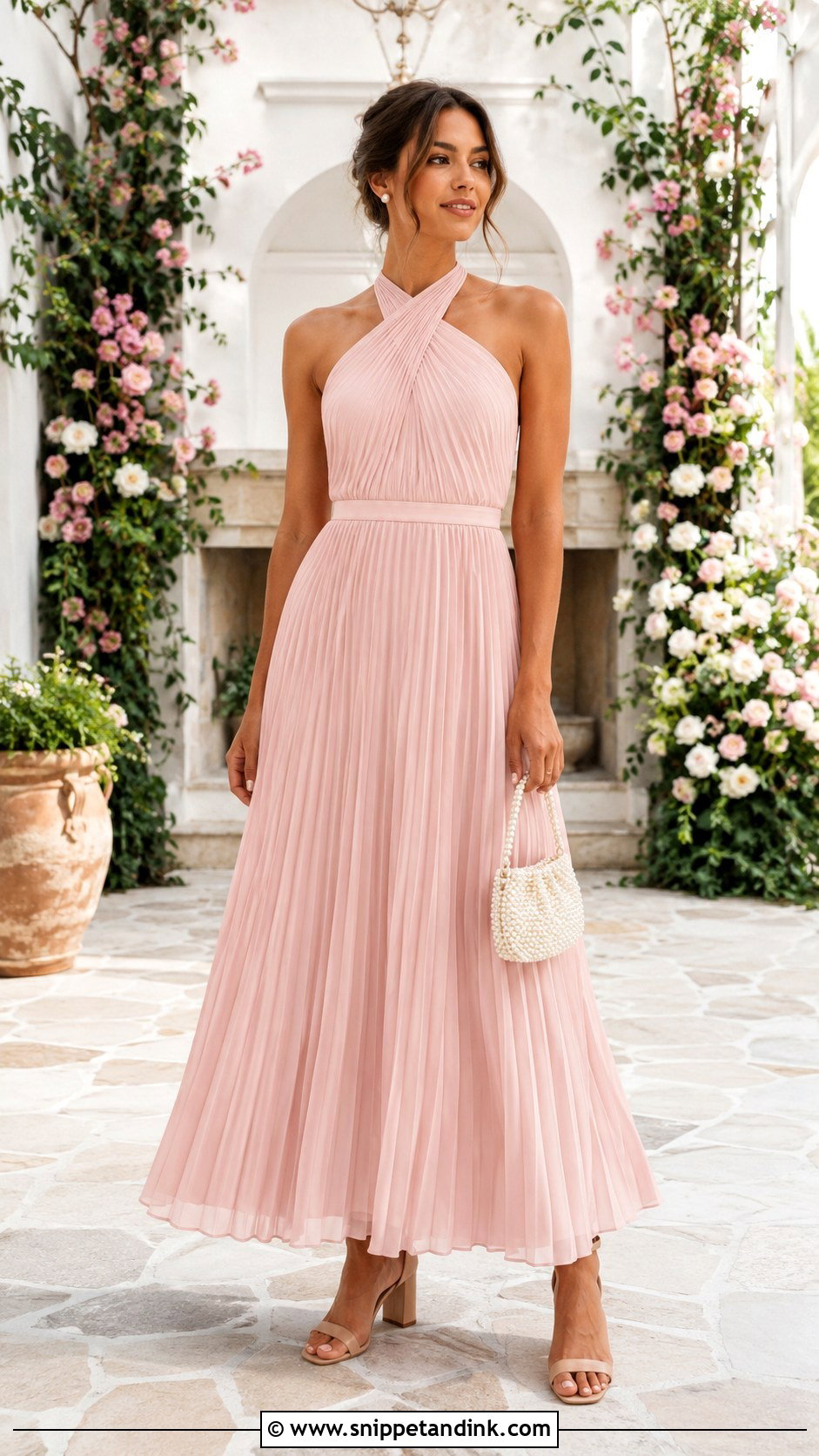Pearl Bag With Blush Pink Maxi Dress - Snippet and Ink - 20 Bag for Wedding Outfit Ideas