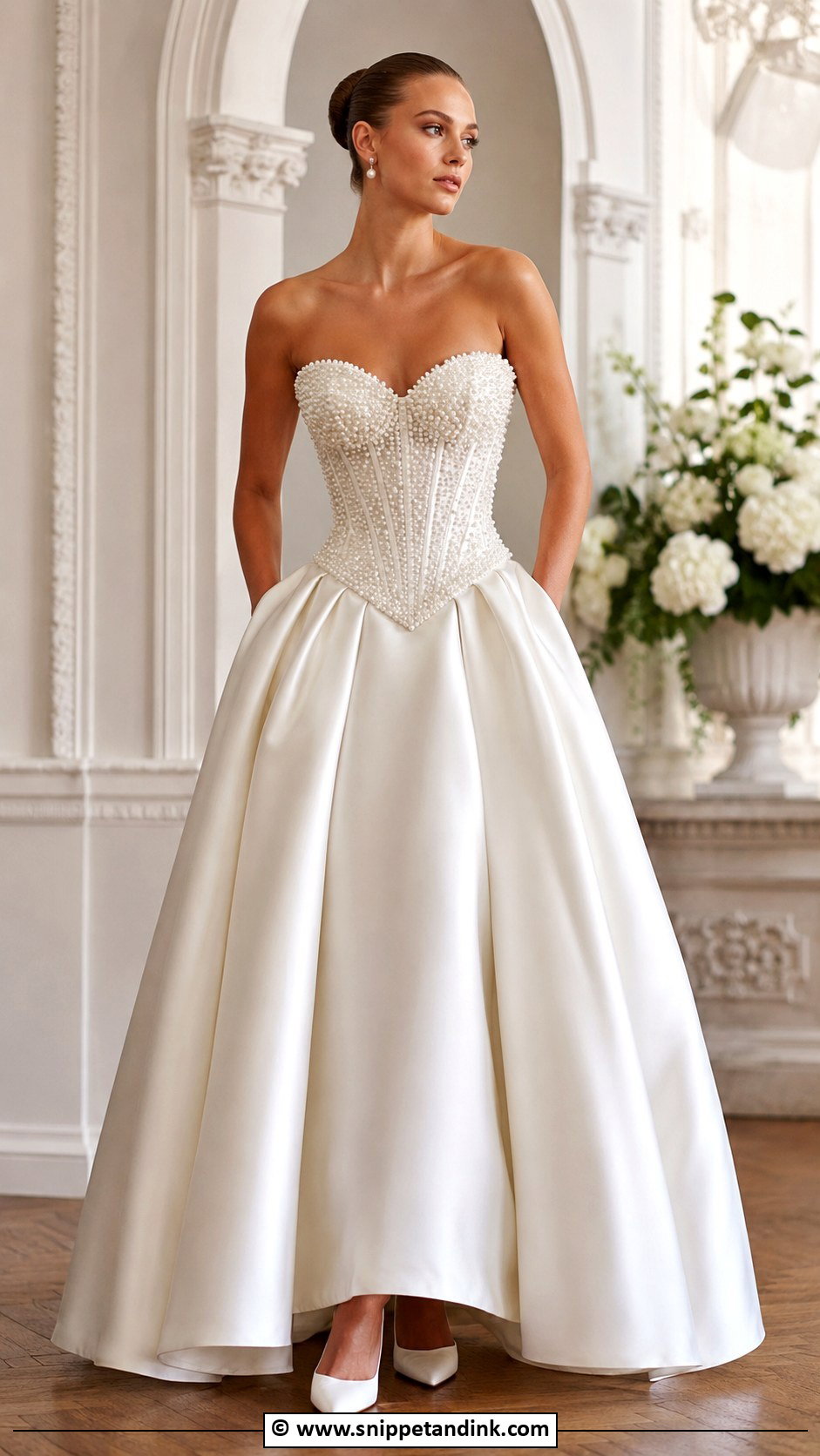 Pearl Basque Waist Wedding Dress - Snippet and Ink - 35 Pearl Wedding Dress Ideas