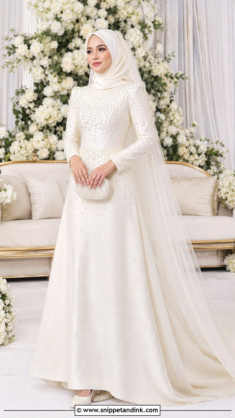 Pearl Beaded A Line Wedding Dress Hijab - Snippet and Ink - 20 Malaysia Wedding Dress Hijab Ideas