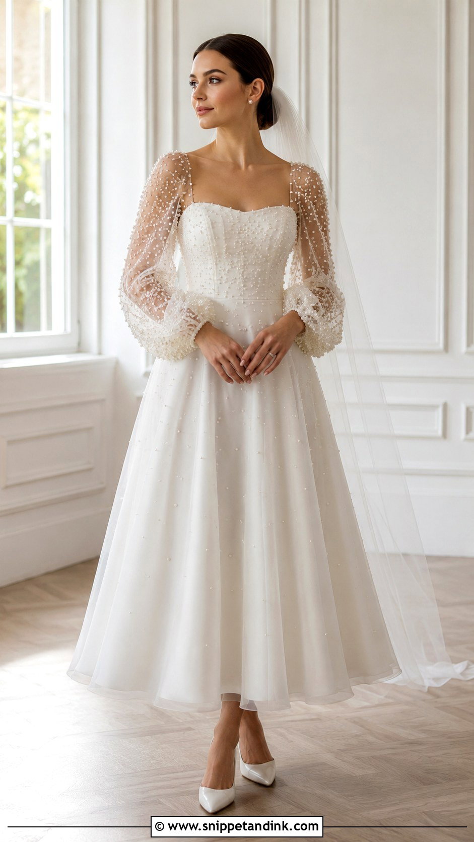 Pearl Beaded Balloon Sleeve Wedding Dress - Snippet and Ink - 20 Balloon Sleeve Wedding Dress Ideas