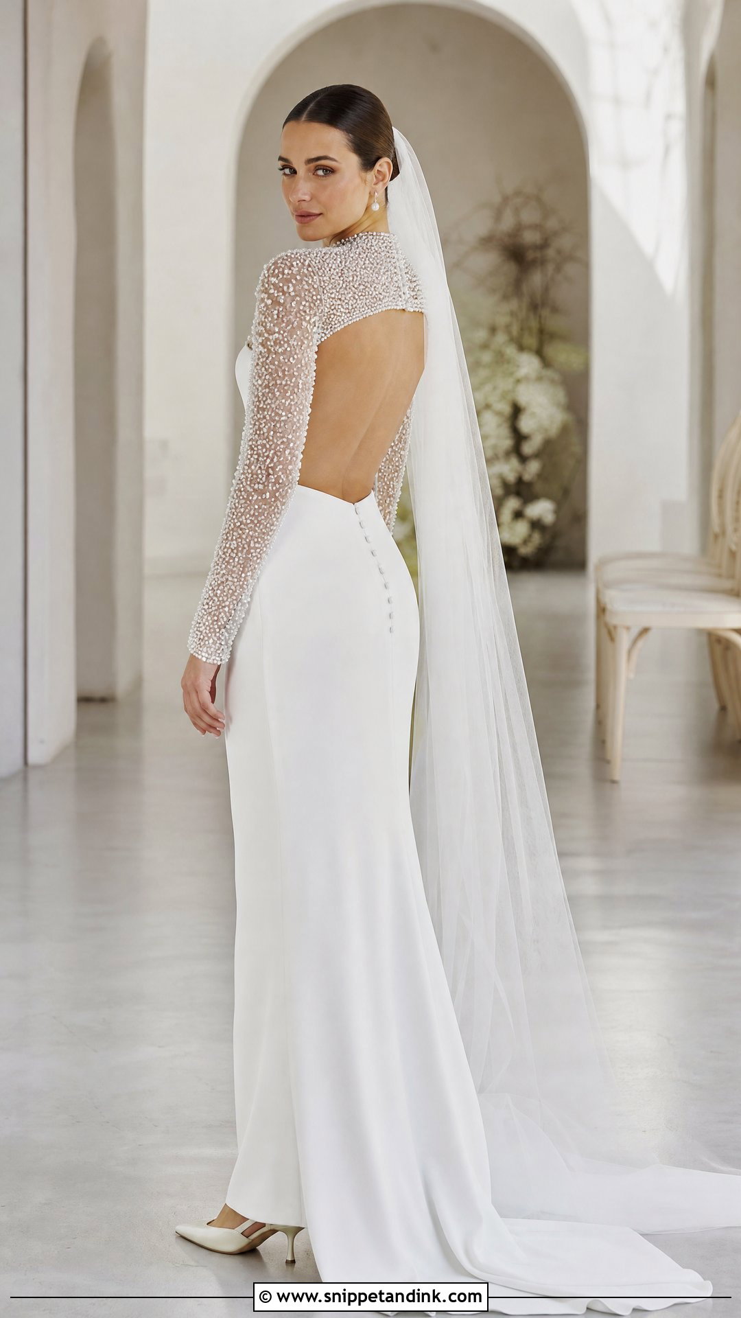 Pearl Beaded Bolero With Crepe Column Gown - Snippet and Ink - 20 Wedding Bolero Long Sleeve Ideas