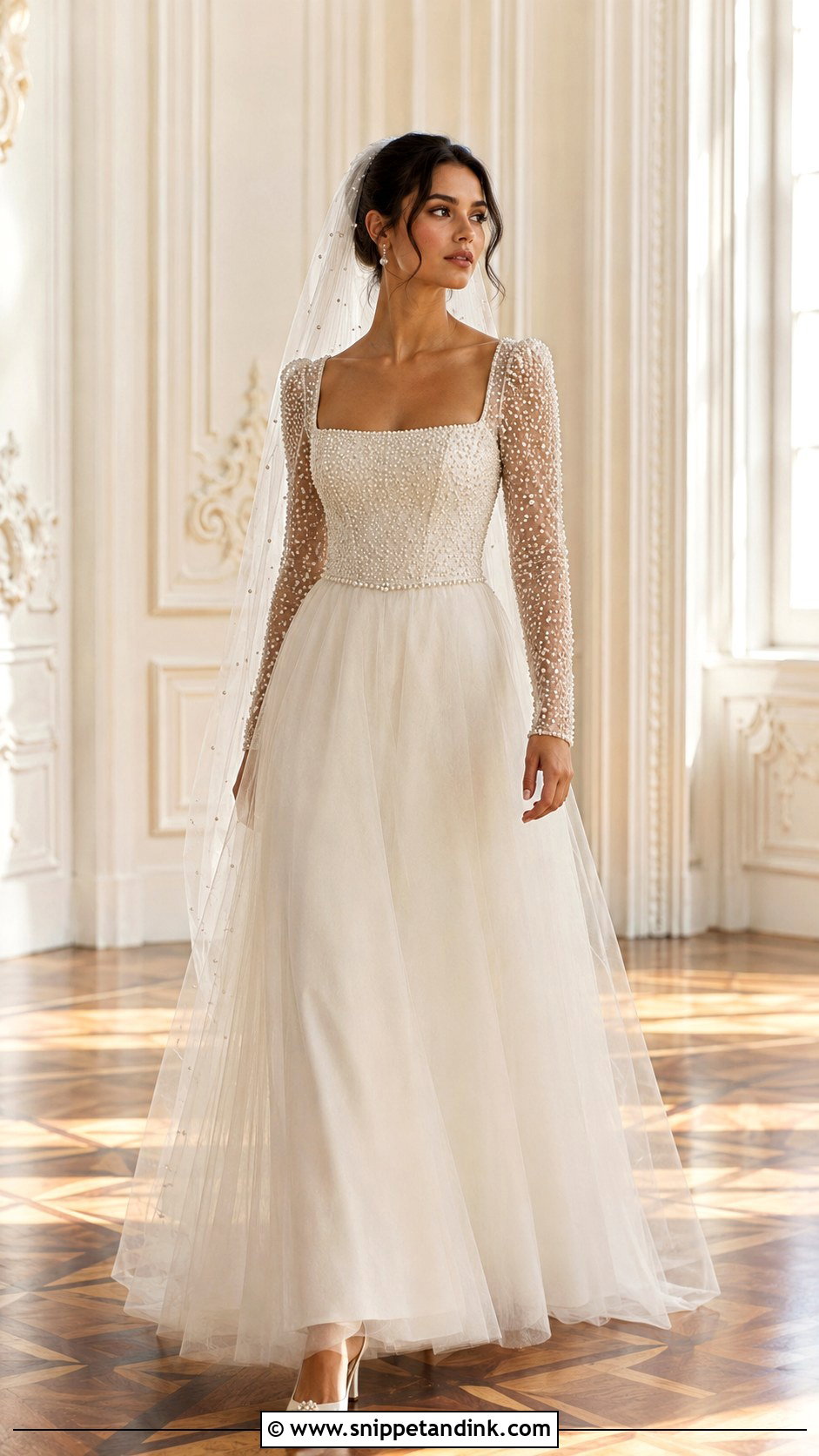 Pearl Beaded Bridgerton Wedding Dress - Snippet and Ink - 20 Bridgerton Inspired Wedding Dresses