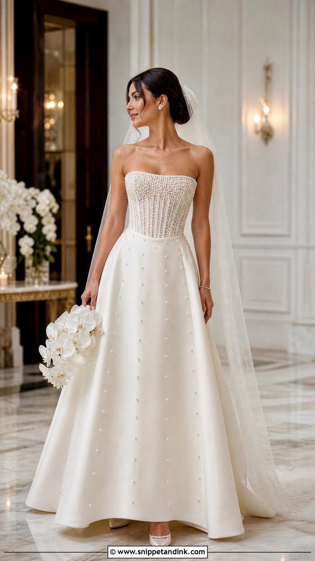 Pearl Beaded Corset Wedding Dress With Satin Heels - Snippet and Ink - 20 Timeless Corset Wedding Dress Ideas