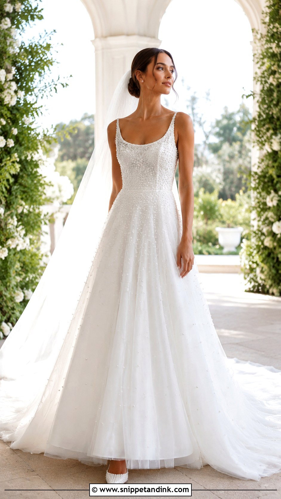 Pearl Beaded Court Train Wedding Dress - Snippet and Ink - 20 Court Train Wedding Dress Ideas