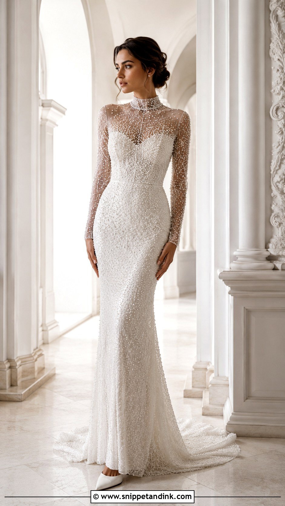 Pearl Beaded High Neck Wedding Dress - Snippet and Ink - 25 Pearl Beaded Wedding Dress Ideas