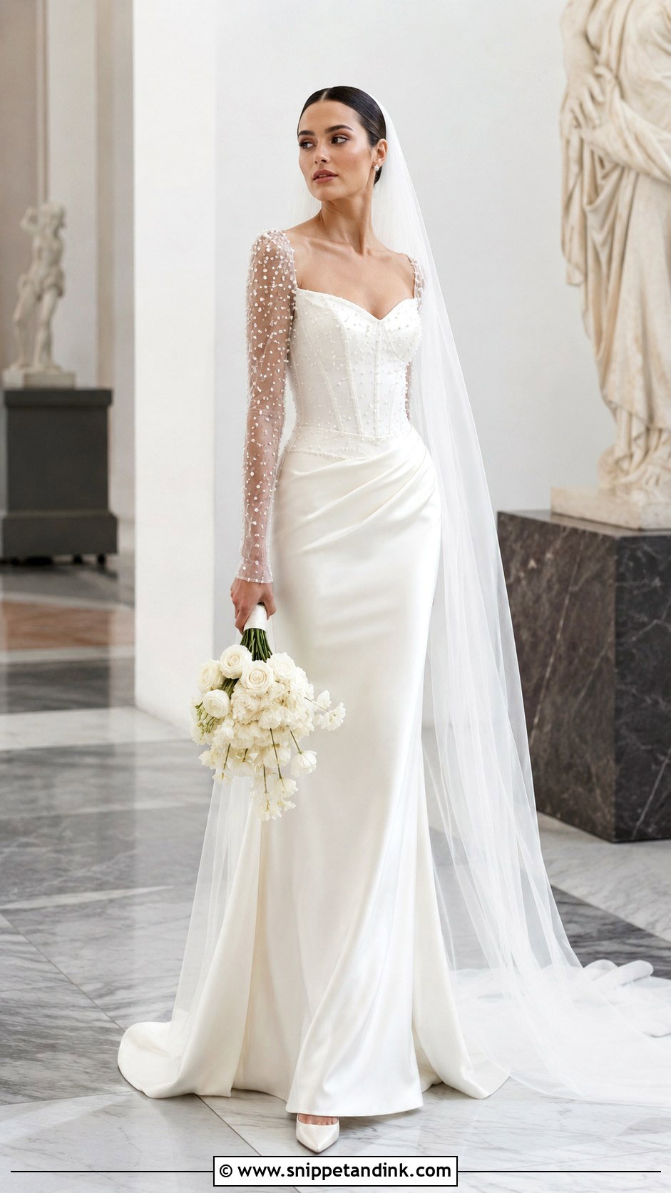 Pearl Beaded Long Sleeve Basque Waist Wedding Dress - Snippet and Ink - 20 Long Sleeve Basque Waist Wedding Dress Ideas