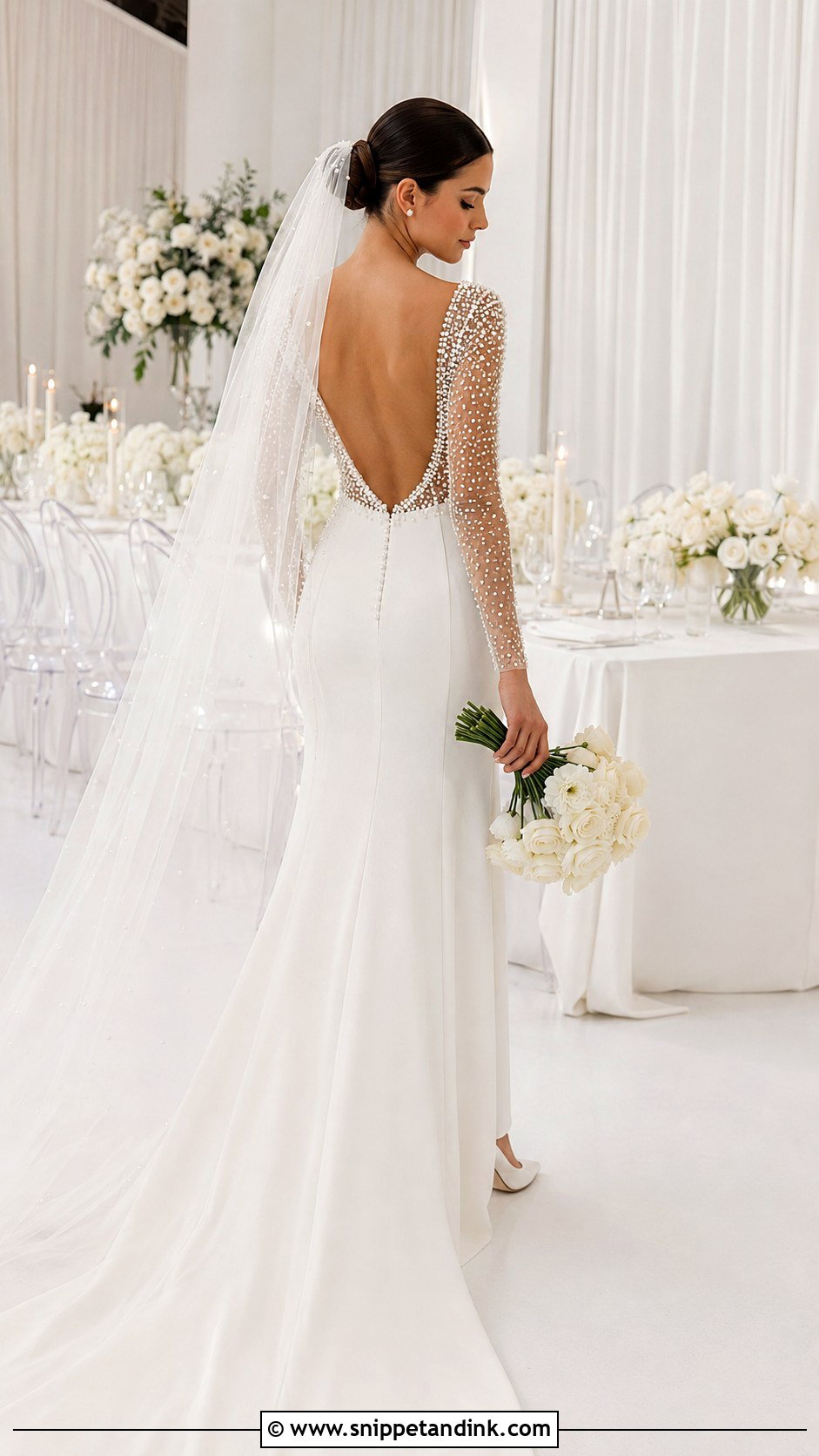 Pearl Beaded Long Sleeve Low Back Wedding Dress - Snippet and Ink - 20 Long Sleeve Low Back Wedding Dress Ideas