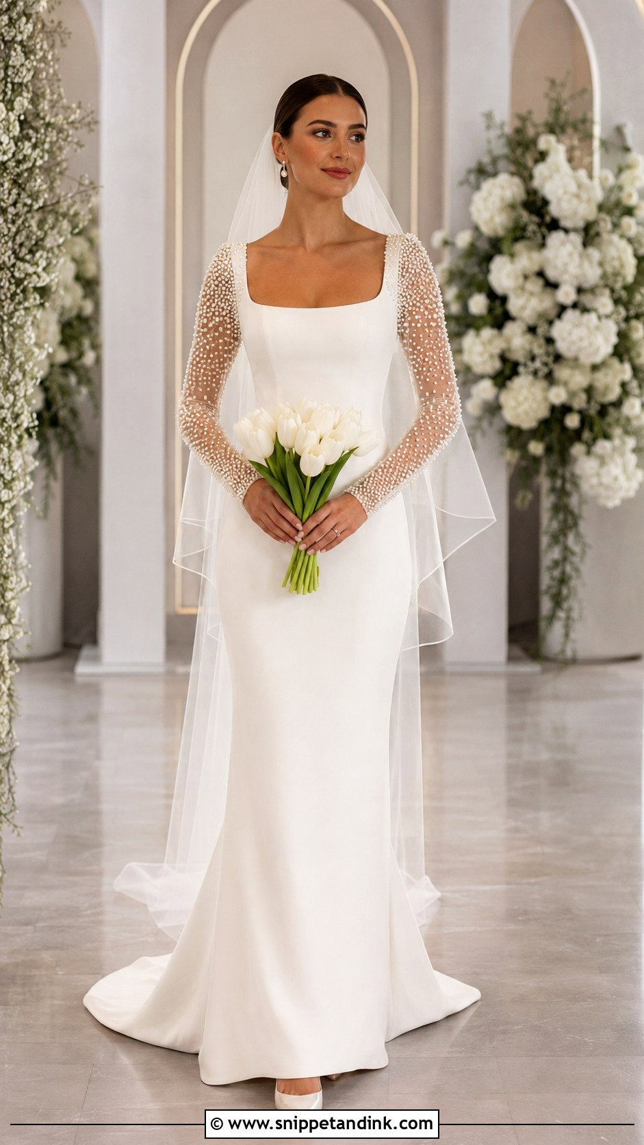 Pearl Beaded Long Sleeve Wedding Dress - Snippet and Ink - 20 Whimsical Wedding Dress with Sleeves
