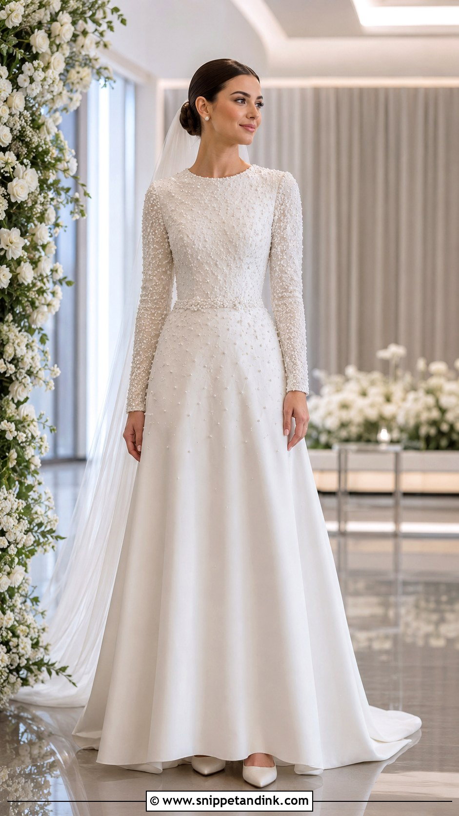 Pearl Beaded Long Sleeve Wedding Dress - Snippet and Ink - 20 Full Coverage Wedding Dress Ideas