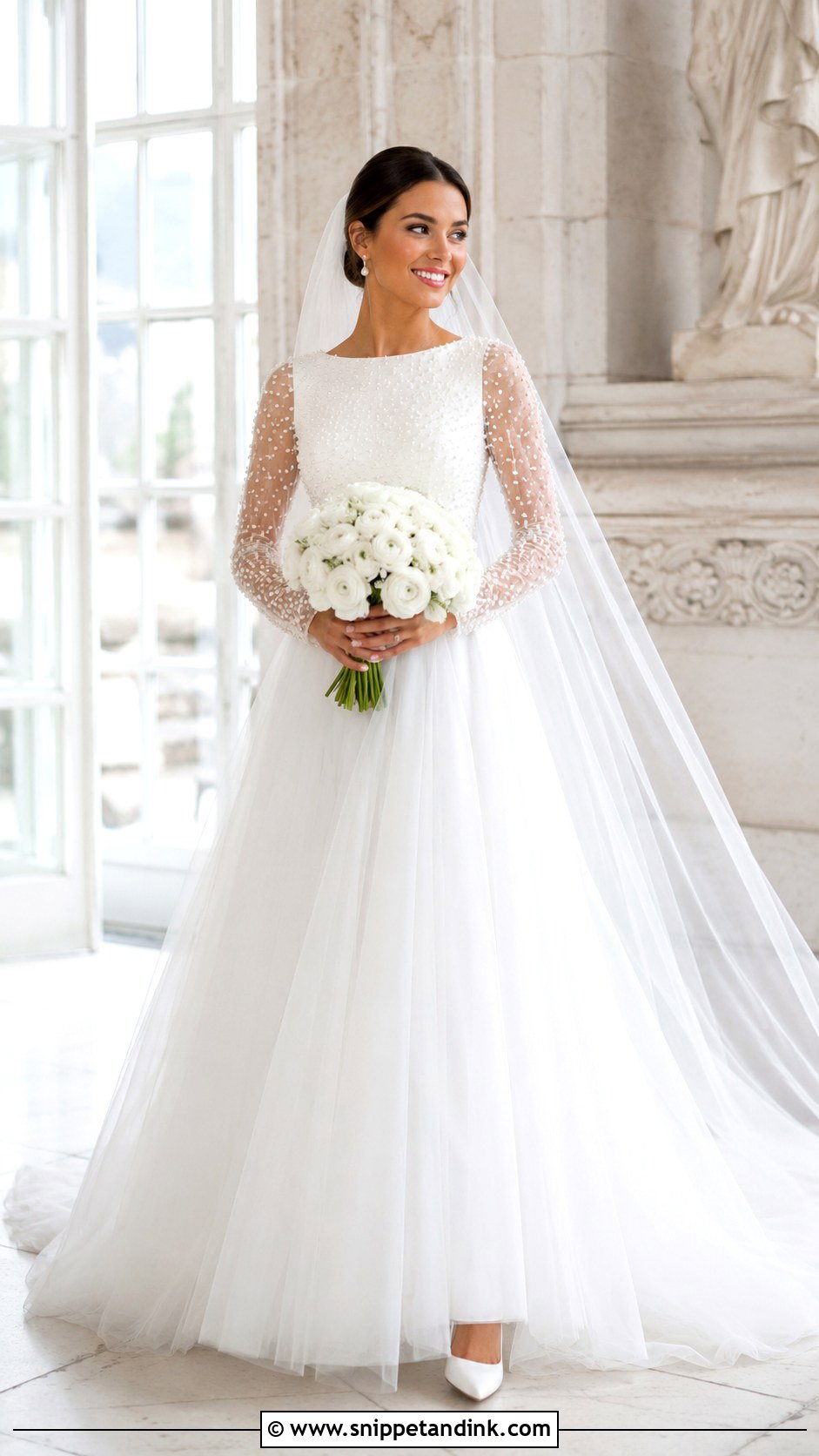 Pearl Beaded Long Sleeve Wedding Dress - Snippet and Ink - 20 Modest Long Sleeve Wedding Dress Ideas