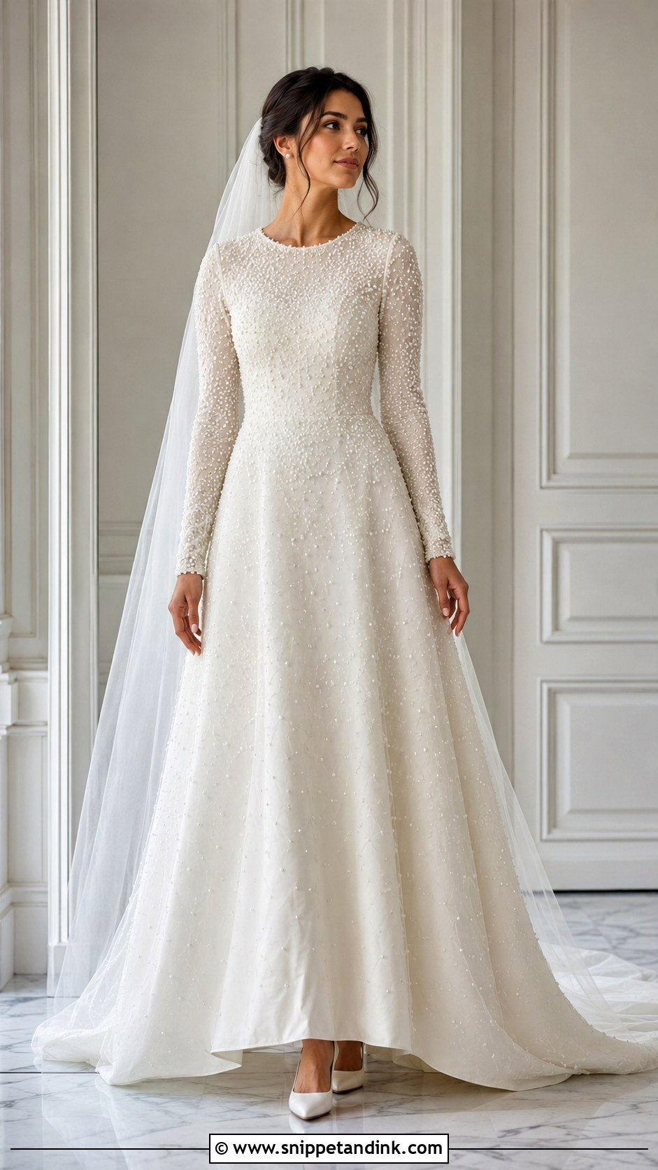 Pearl Beaded Long Sleeve Wedding Gown - Snippet and Ink - 20 Modest Wedding Gowns with Sleeves