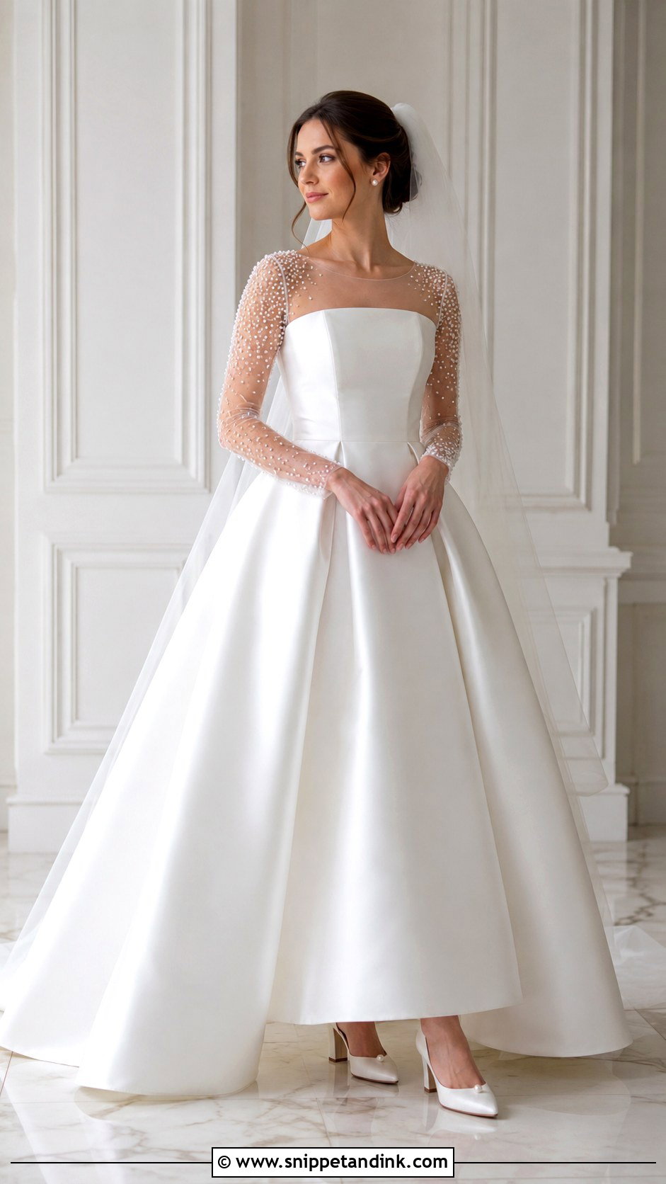 Pearl Beaded Mesh Sleeve Ball Gown - Snippet and Ink - 20 Mesh Sleeve Wedding Dress Ideas