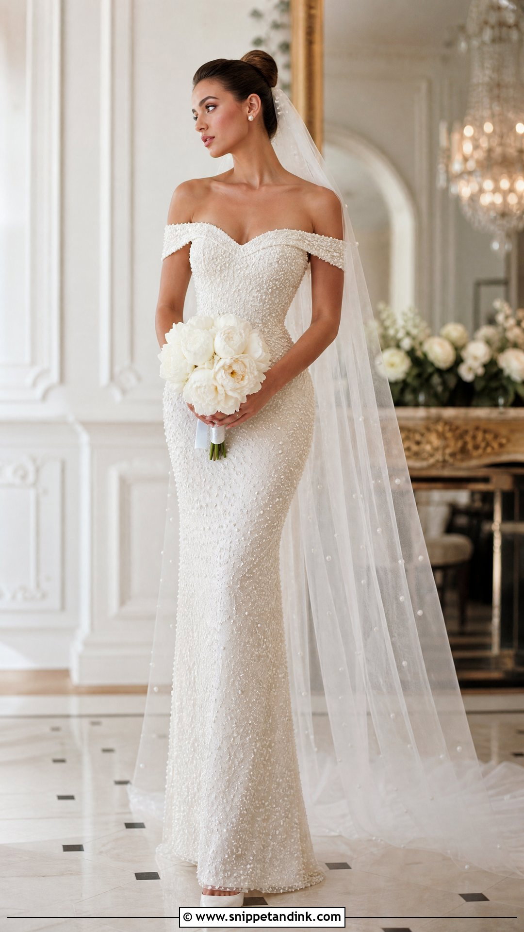 Pearl Beaded Off Shoulder Bridal Dress - Snippet and Ink - 20 Off Shoulder Bridal Dress Ideas