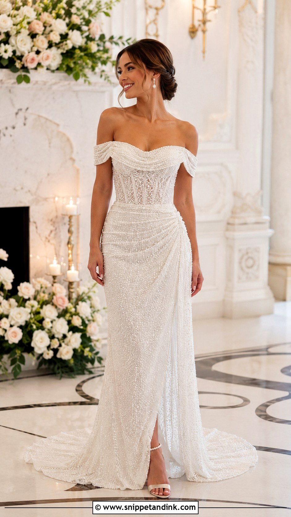 Pearl Beaded Off Shoulder Wedding Dress - Snippet and Ink - 25 Pearl Beaded Wedding Dress Ideas