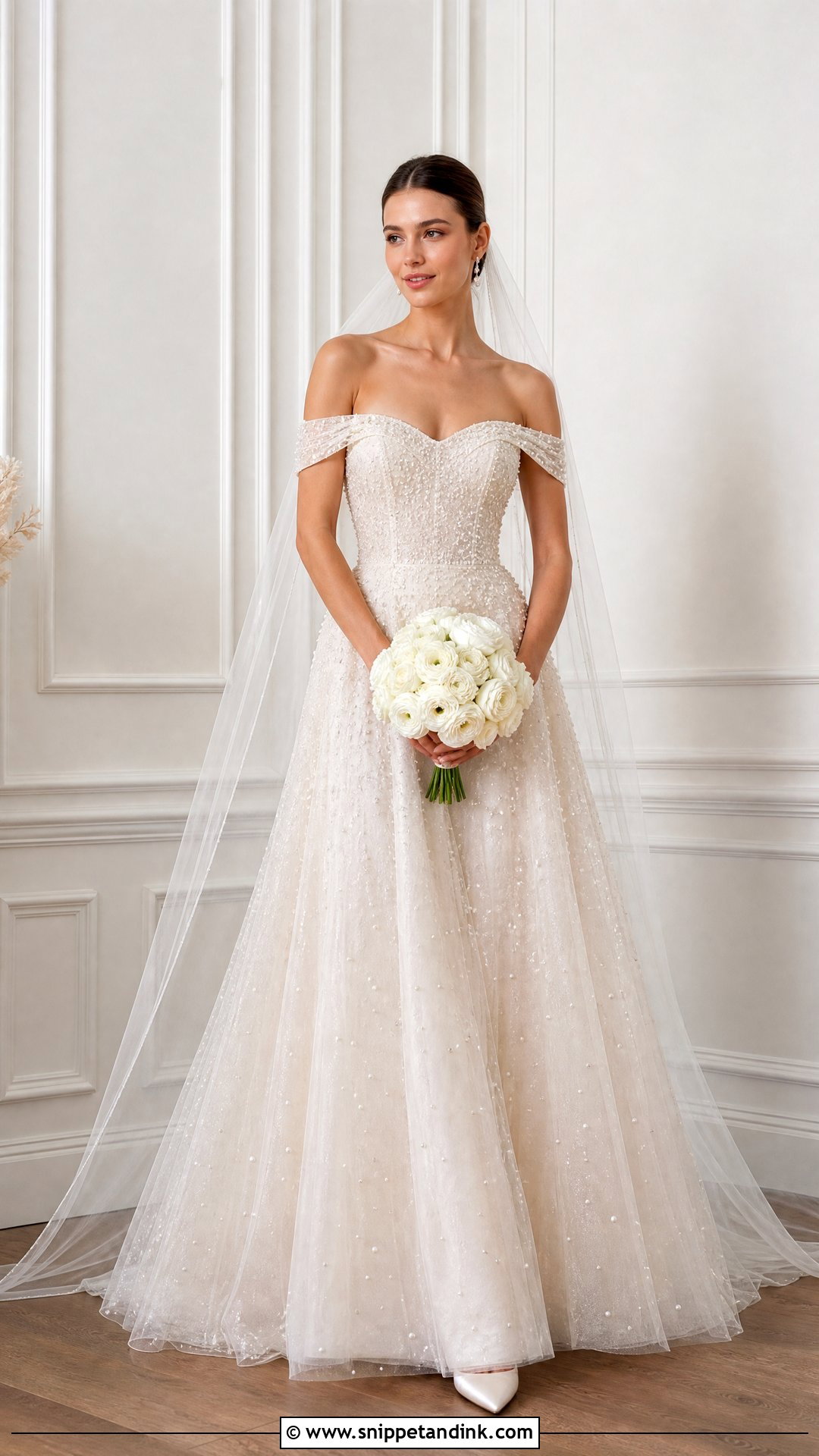 Pearl Beaded Over the Shoulder Wedding Dress - Snippet and Ink - 20 Over the Shoulder Wedding Dress Ideas