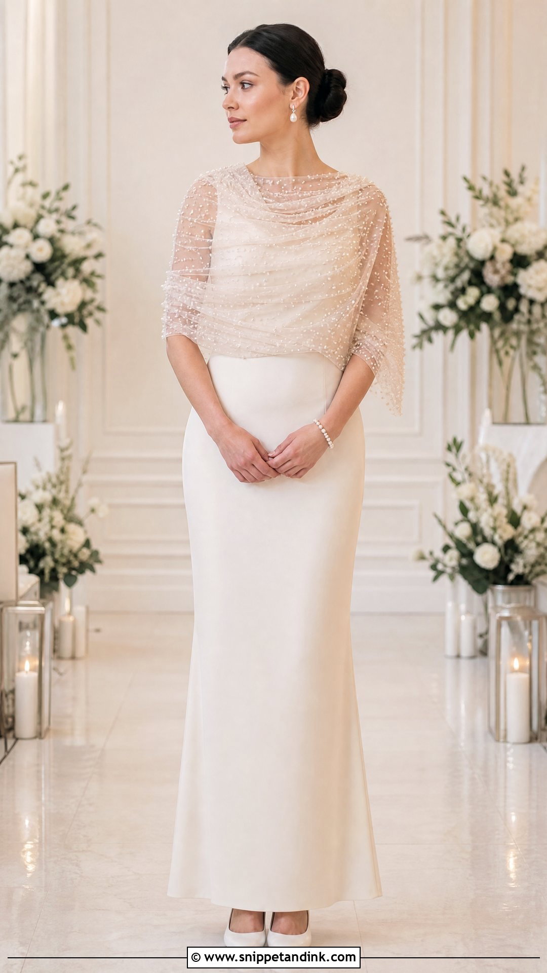 Pearl Beaded Shawl With Simple Wedding Gown - Snippet and Ink - 20 Winter Wedding Shawl Ideas