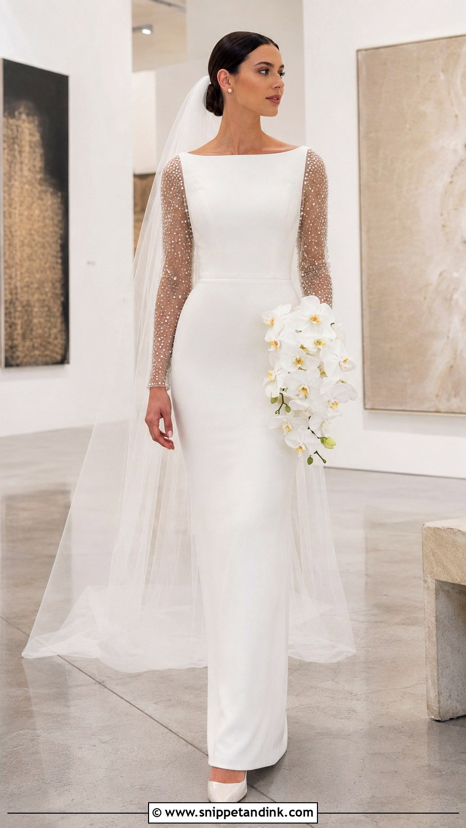 Pearl Beaded Sleeve Sheath Wedding Dress - Snippet and Ink - 20 Bride Dress with Sleeves
