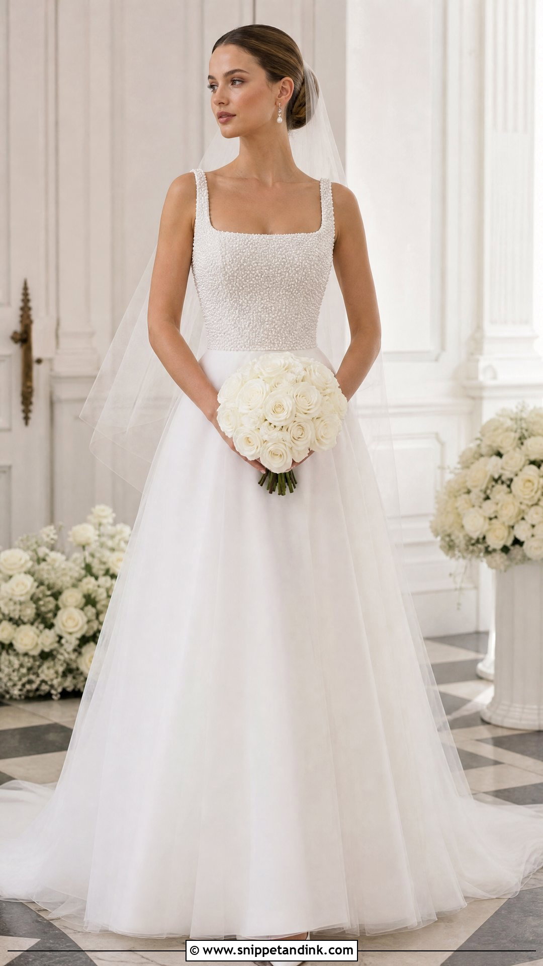 Pearl Beaded Square Neck A Line Wedding Dress - Snippet and Ink - 20 Square Neck Wedding Dress Aline Ideas