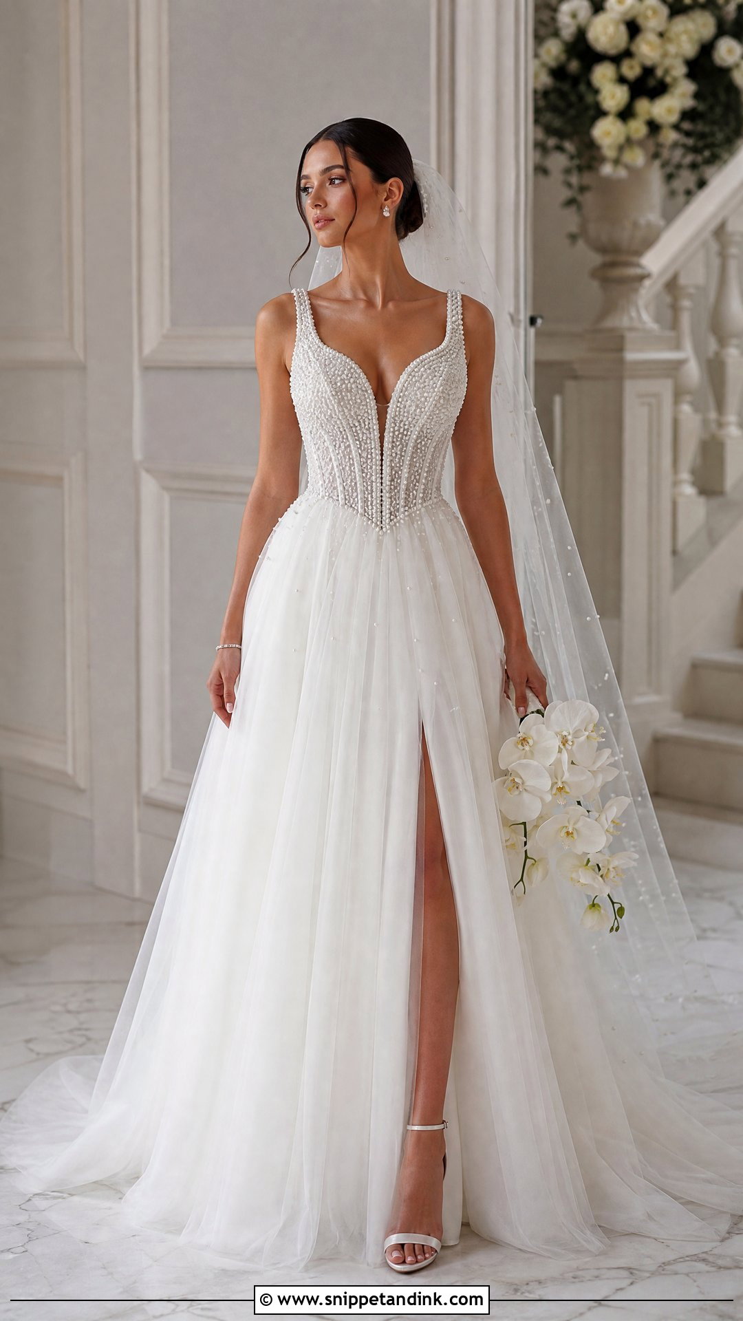 Pearl Beaded V Corset Wedding Dress - Snippet and Ink - 20 V Corset Wedding Dress Ideas