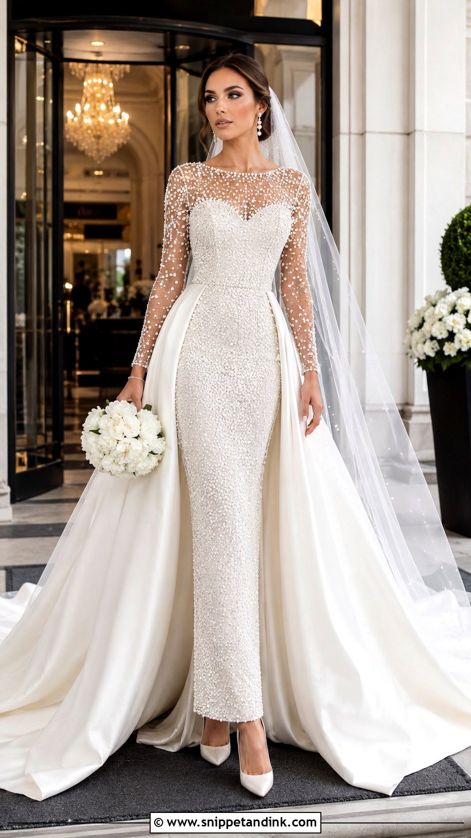 Pearl Beaded Wedding Dress With Detachable Overskirt - Snippet and Ink - 20 Long Sleeve Beaded Wedding Dress Ideas