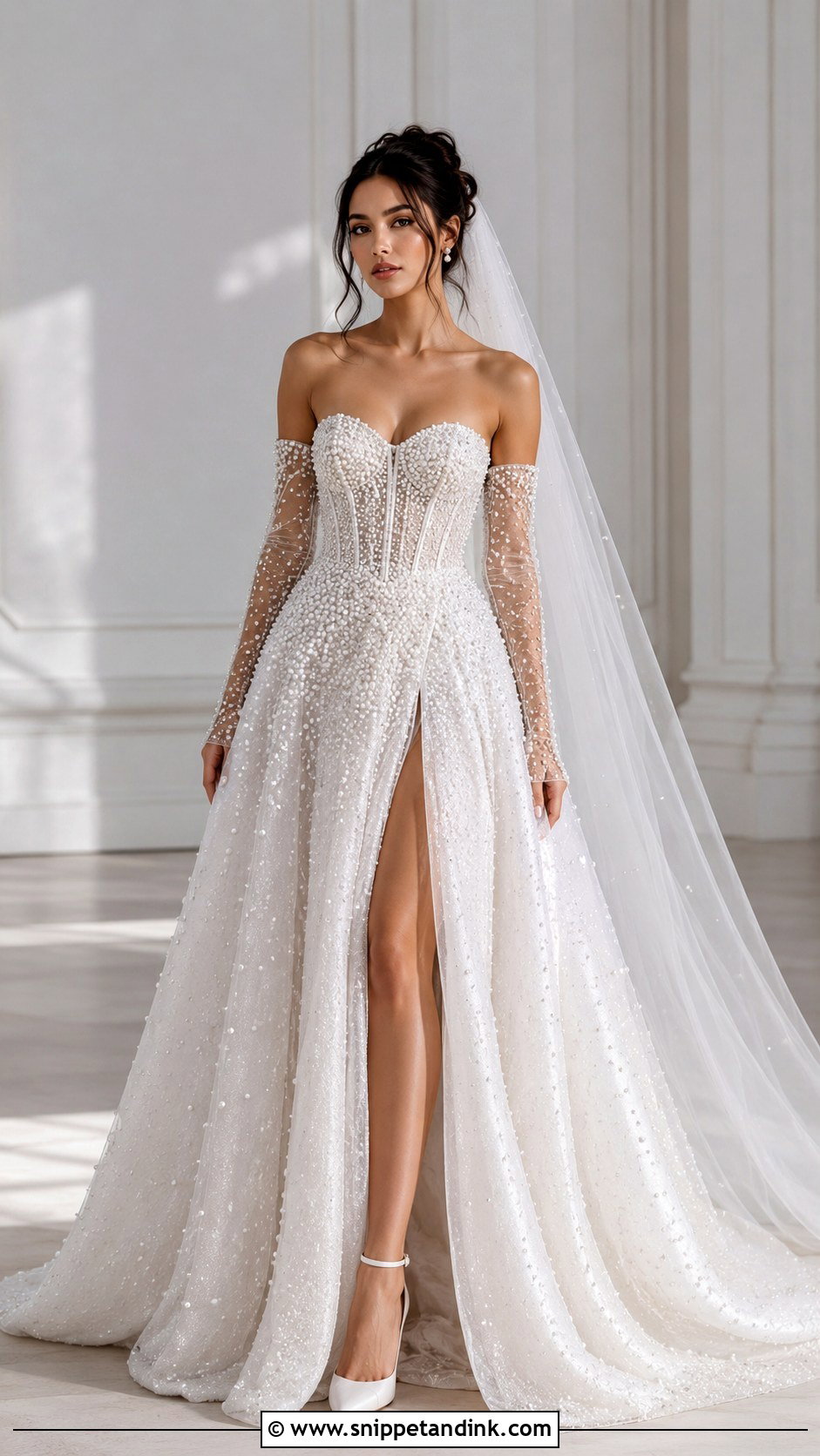 Pearl Beaded Wedding Dress With Detachable Sleeves - Snippet and Ink - 25 Pearl Beaded Wedding Dress Ideas