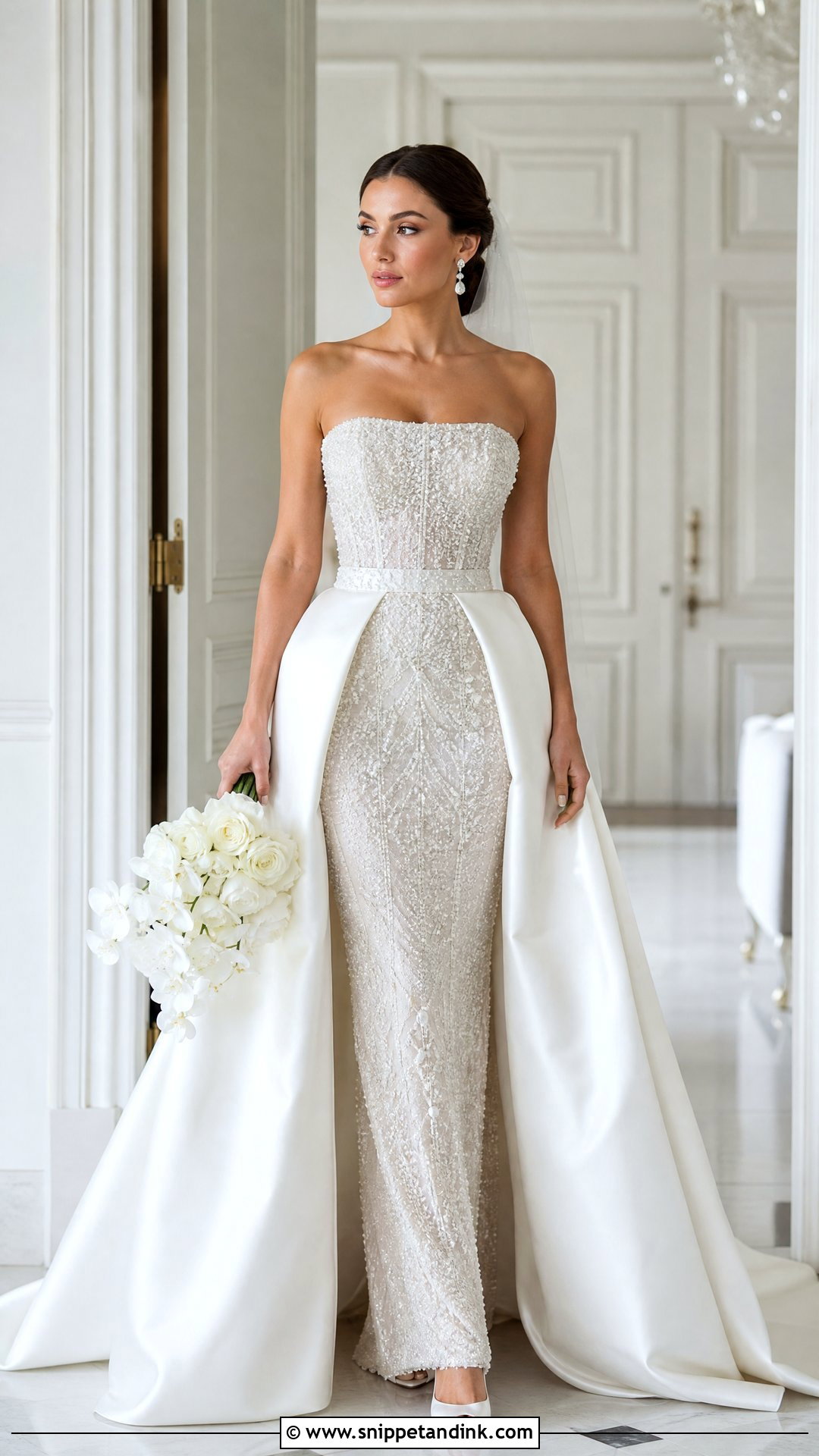 Pearl Beaded Wedding Dress With Plain Satin Overskirt - Snippet and Ink - 20 Wedding Dress Detachable Skirt Ideas