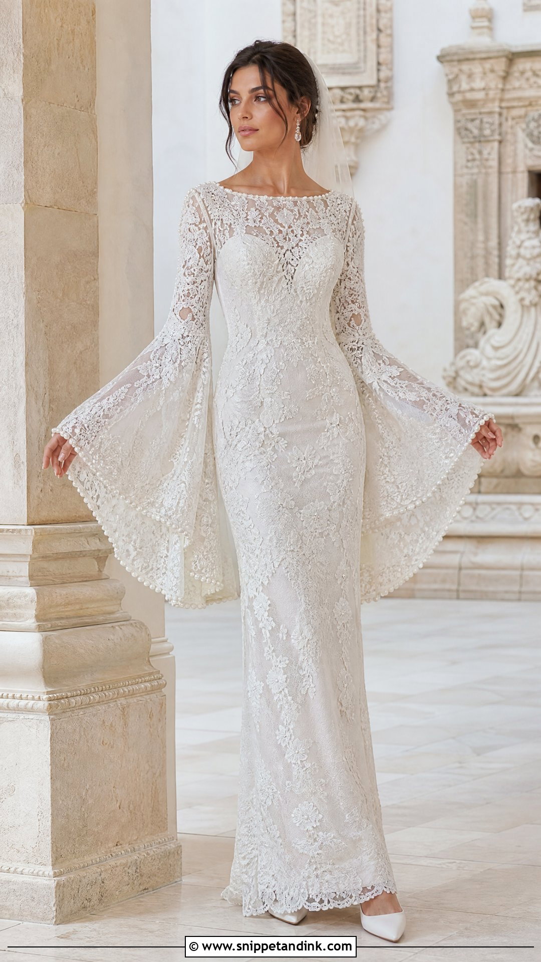 Pearl Bell Sleeve Wedding Dress - Snippet and Ink - 20 Pearl Sleeve Wedding Dress Ideas