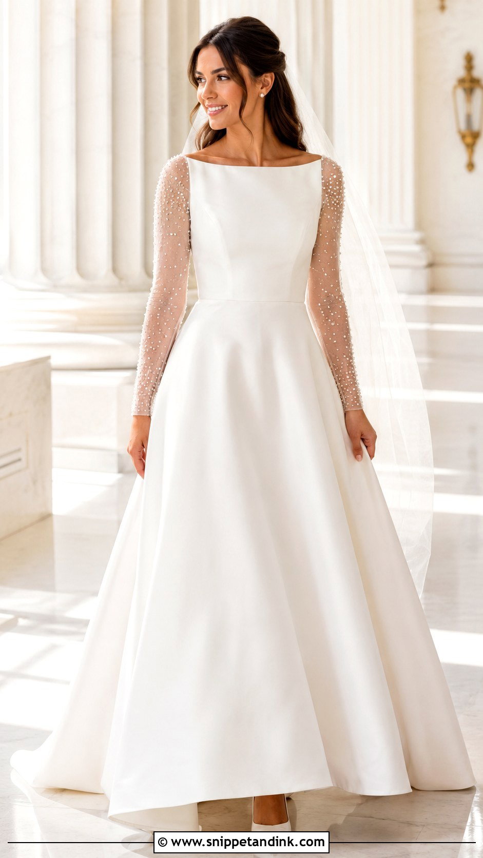 Pearl Boat Neck Wedding Dress With Tulle Sleeves - Snippet and Ink - 20 Boat Neck Wedding Dress with Sleeves