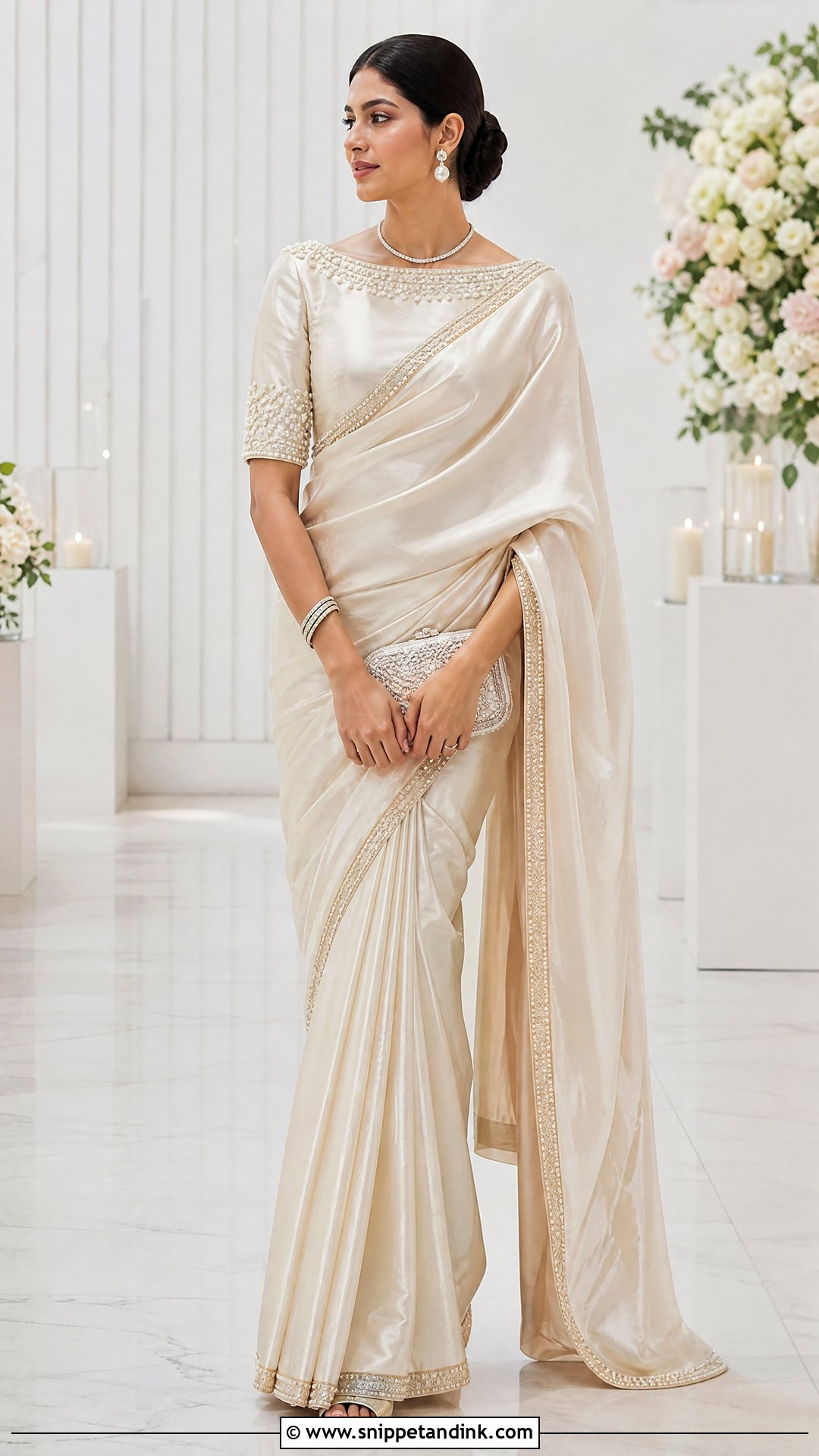 Pearl Bridal Blouse With Ivory Saree - Snippet and Ink - 25 Blouse Design for Bride Ideas