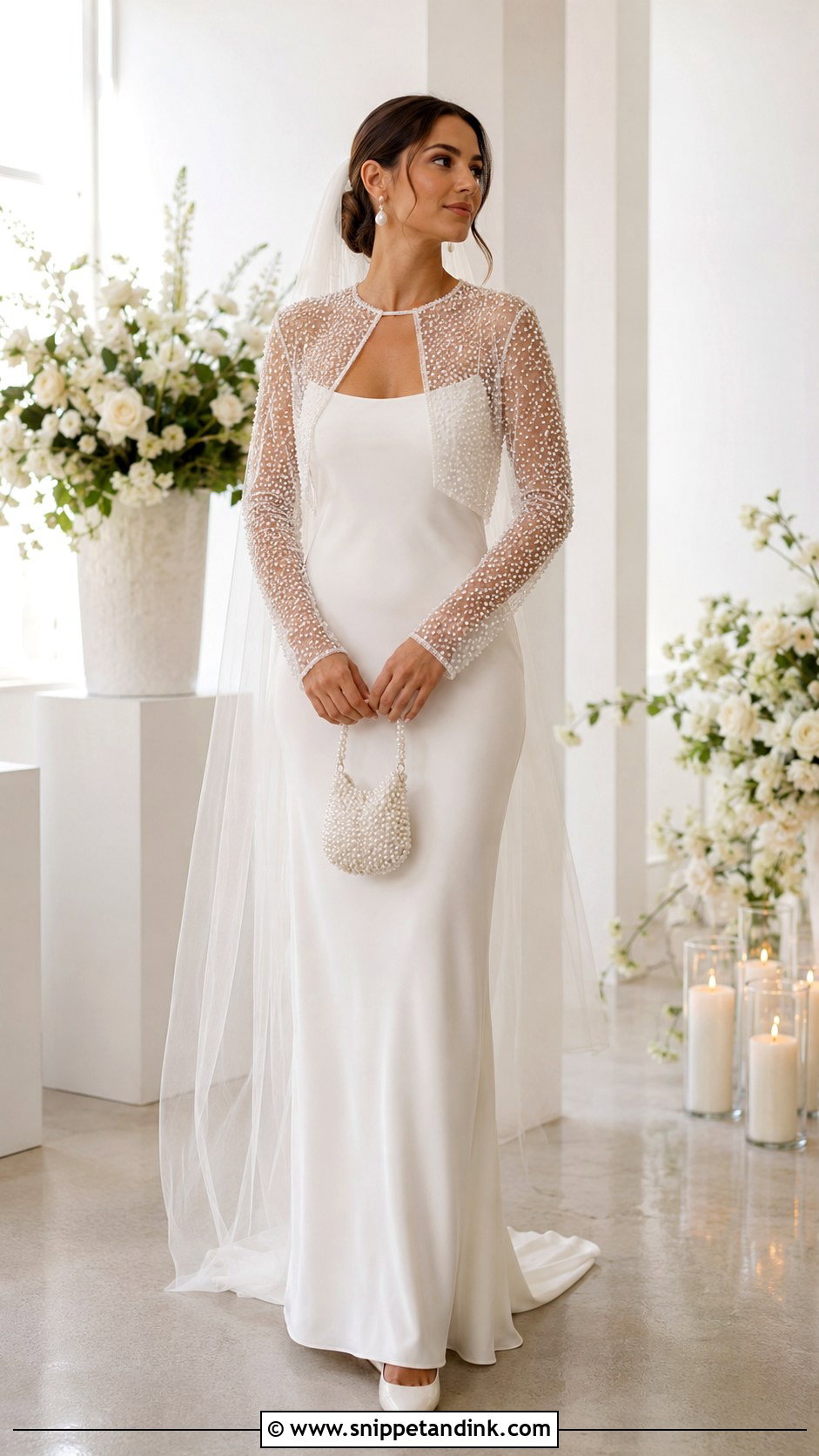 Pearl Bridal Bolero With Crepe Wedding Dress - Snippet and Ink - 20 Bridal Bolero Jacket Ideas