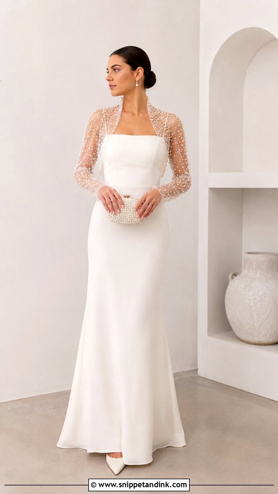 Pearl Bridal Bolero With Simple Wedding Gown - Snippet and Ink - 25 Bridal Bolero Ideas