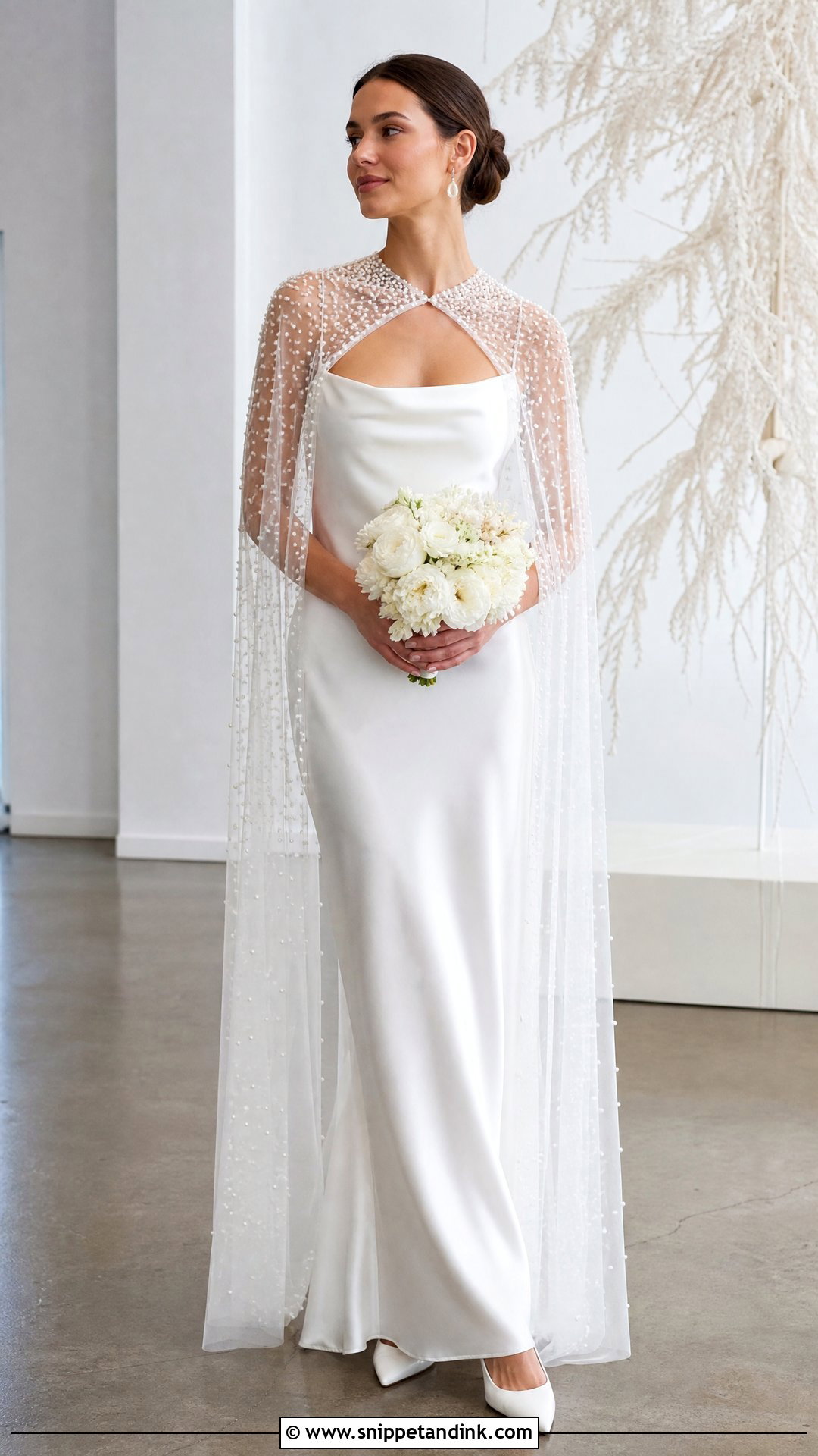 Pearl Bridal Cape With Minimalist Satin Gown - Snippet and Ink - 20 Winter Bridal Cape Ideas