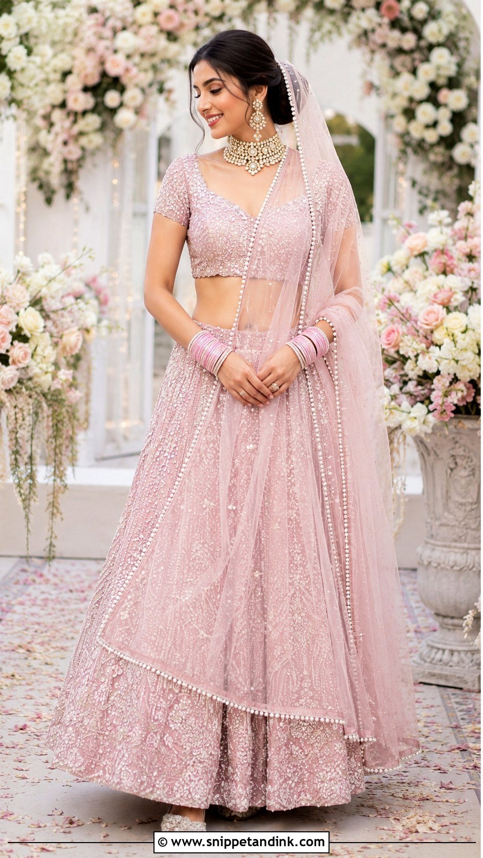Pearl Bridal Chunri Dupatta With Blush Lehenga - Snippet and Ink - 20 Bridal Chunri Dupatta Ideas