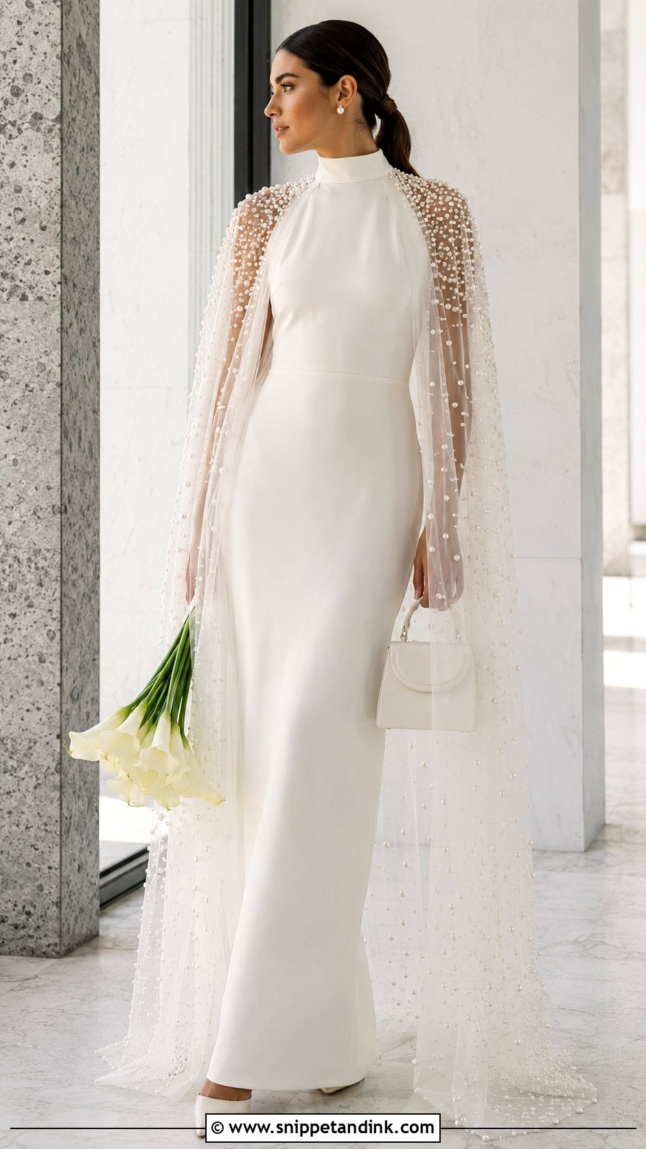 Pearl Bridal Cloak With Column Gown - Snippet and Ink - 20 Bridal Cloak Ideas