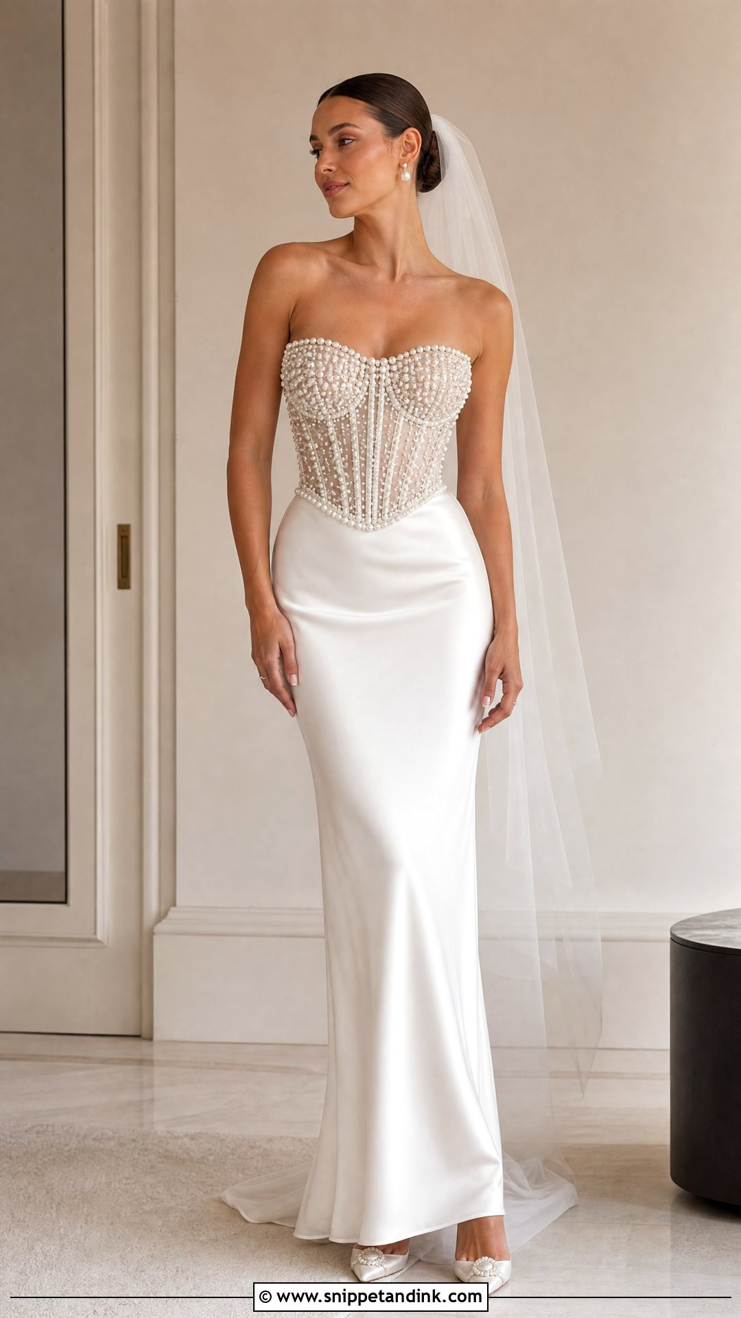 Pearl Bridal Corset Top With Satin Column Skirt - Snippet and Ink - 20 Bridal Corset Top Ideas