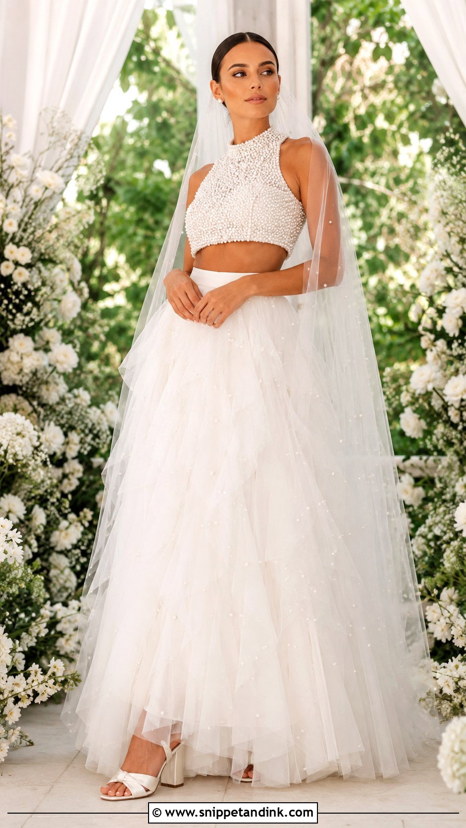 Pearl Bridal Crop Top With Tulle Skirt - Snippet and Ink - 20 Bridal Separates Tops Ideas