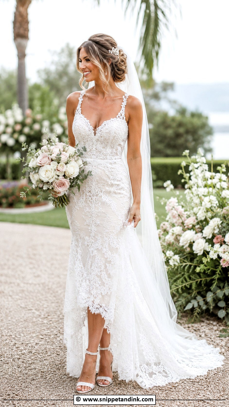 Pearl Bridal Heels With A Lace Wedding Dress - Snippet and Ink - 30 Bridal Footwear Ideas