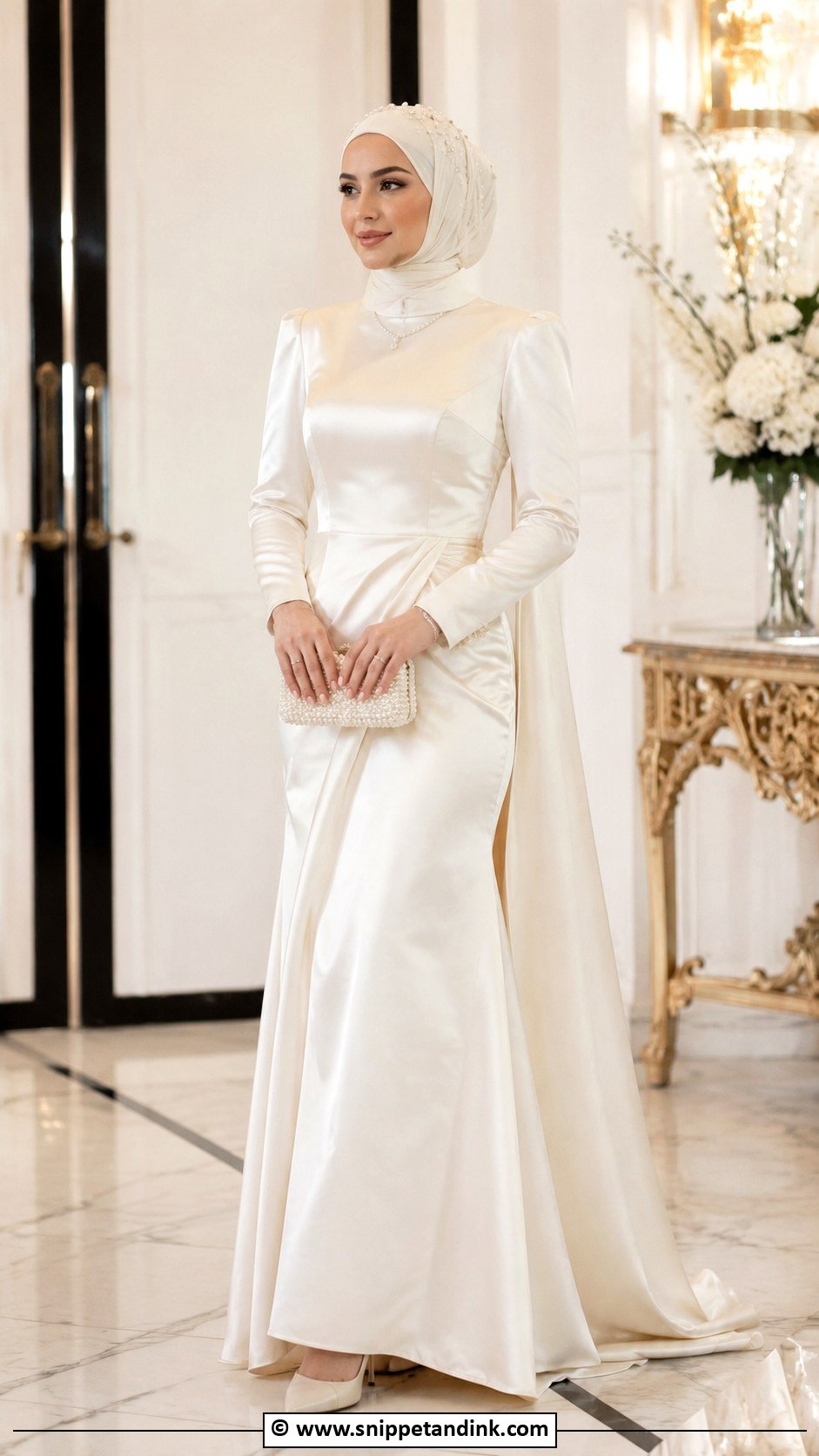 Pearl Bridal Hijab With Satin Gown - Snippet and Ink - 30 Bridal Hijab Styles