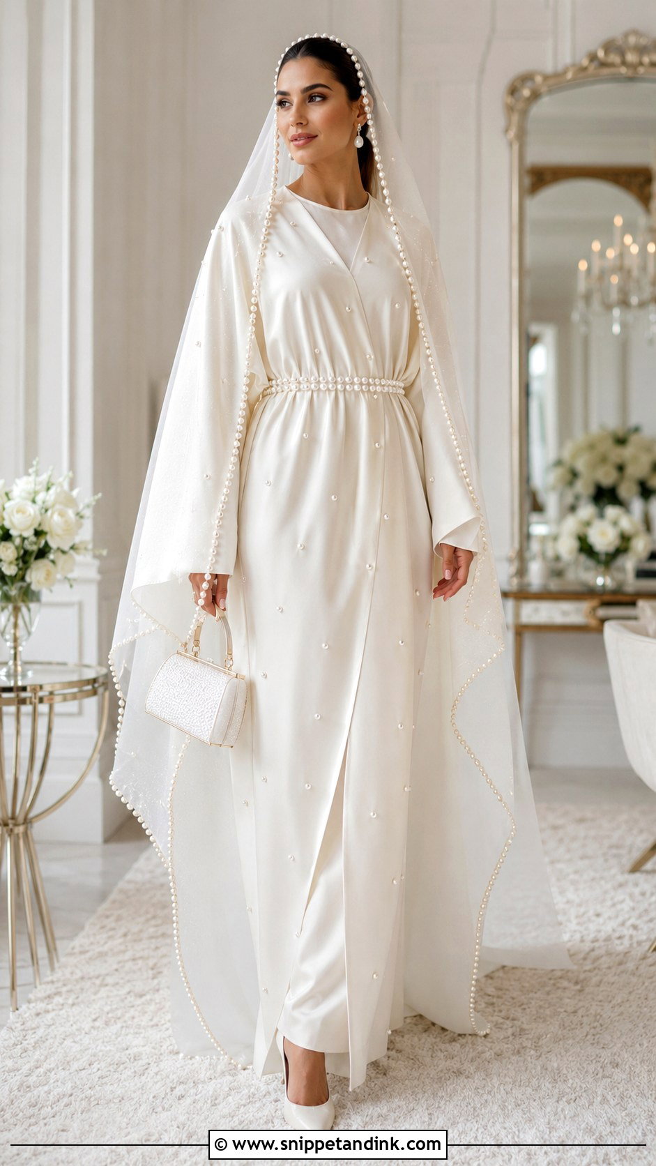 Pearl Bridal Kaftan With Matching Veil - Snippet and Ink - 20 Bridal Kaftan Ideas