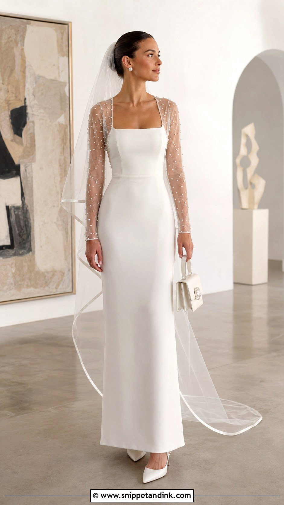 Pearl Bridal Shrug With Simple Crepe Gown - Snippet and Ink - 20 Bridal Shrug Ideas