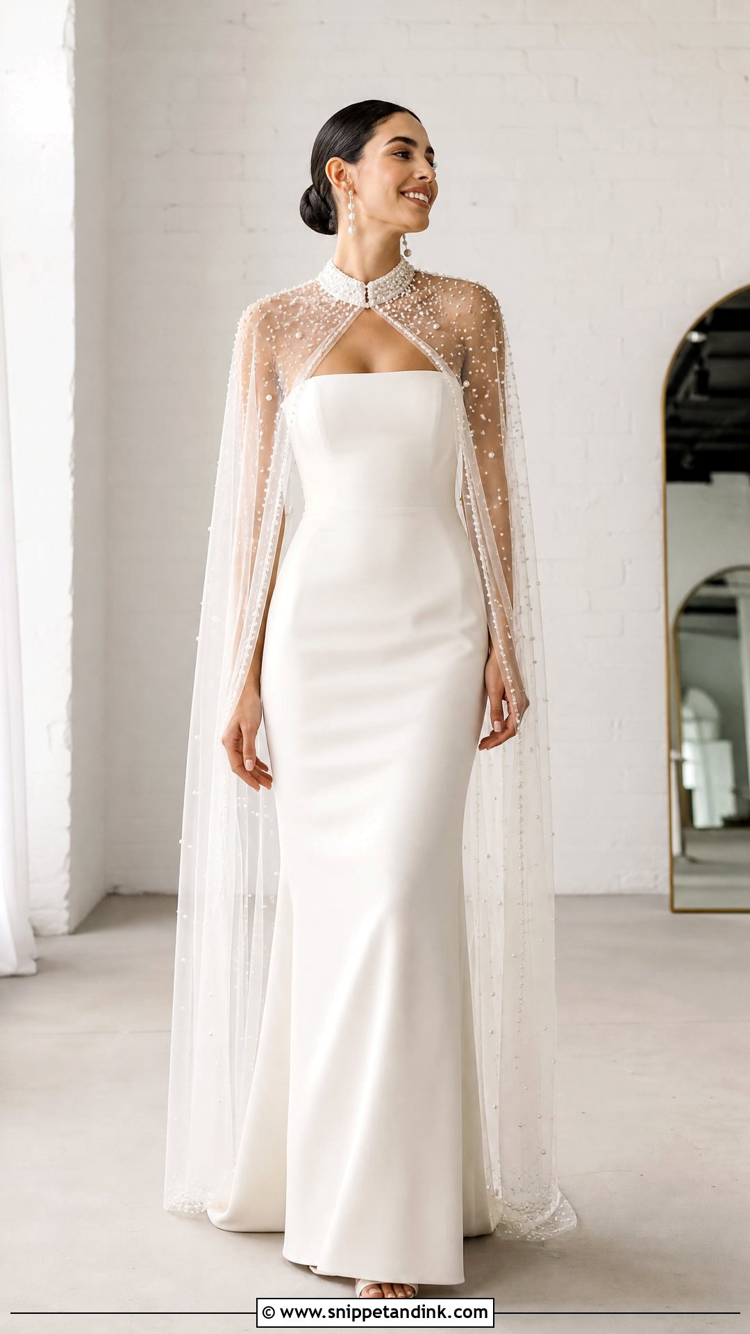 Pearl Bride Cape With Minimal Wedding Dress - Snippet and Ink - 25 Bride Cape Ideas