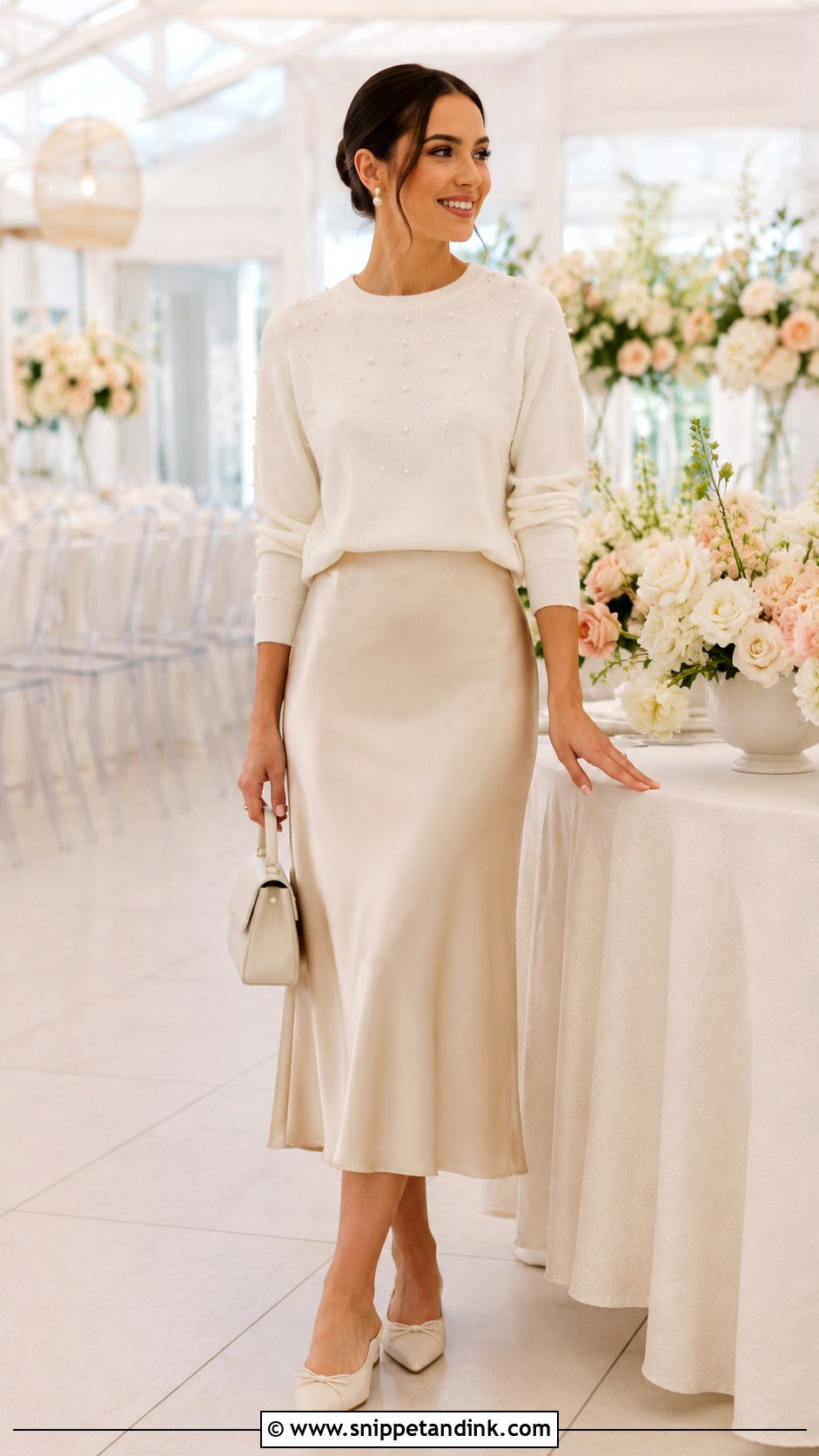Pearl Bride Crewneck With Satin Midi Skirt - Snippet and Ink - 20 Bride Crewneck Ideas
