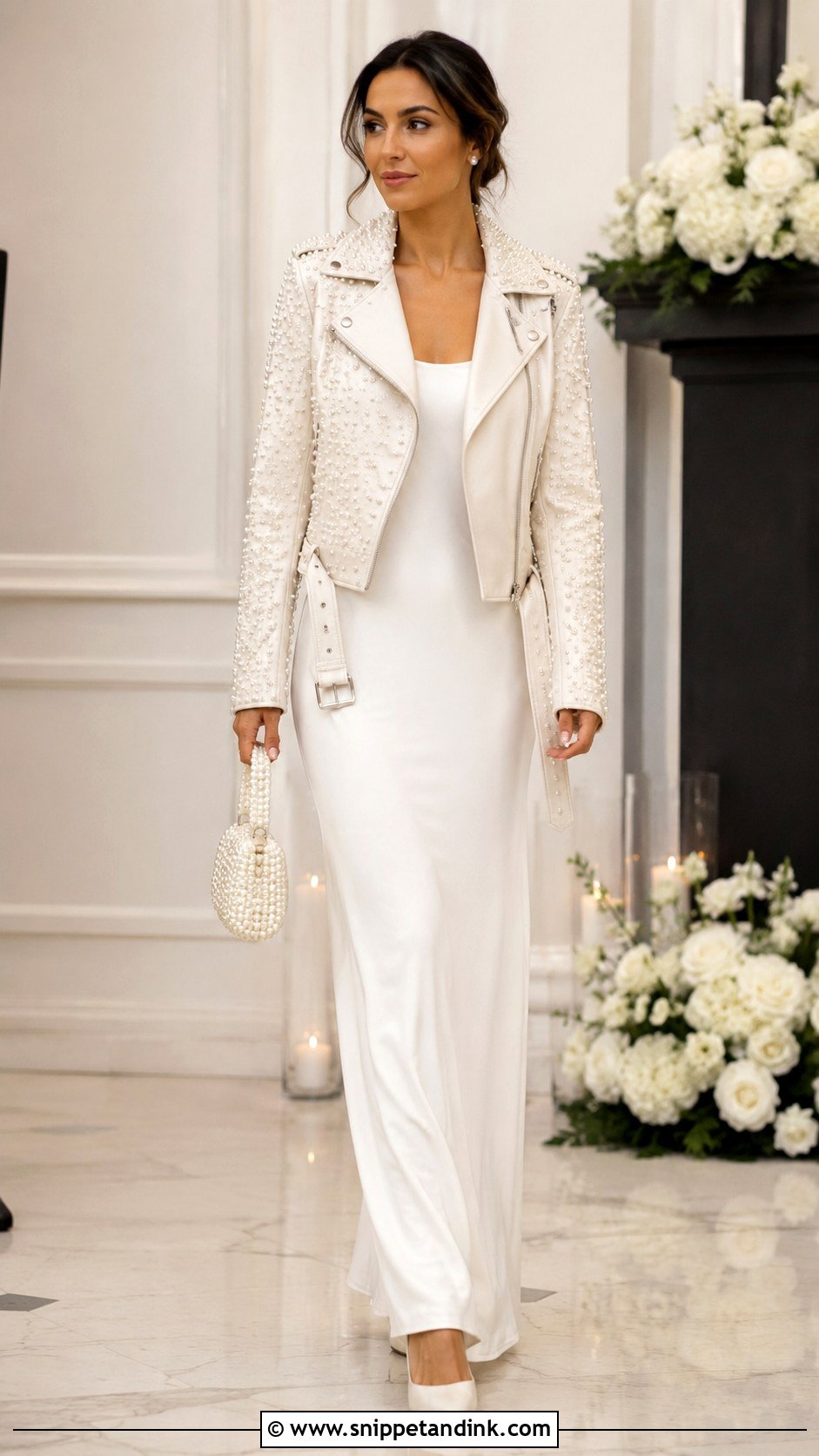 Pearl Bride Leather Jacket With Crepe Wedding Gown - Snippet and Ink - 20 Bride Leather Jacket Ideas