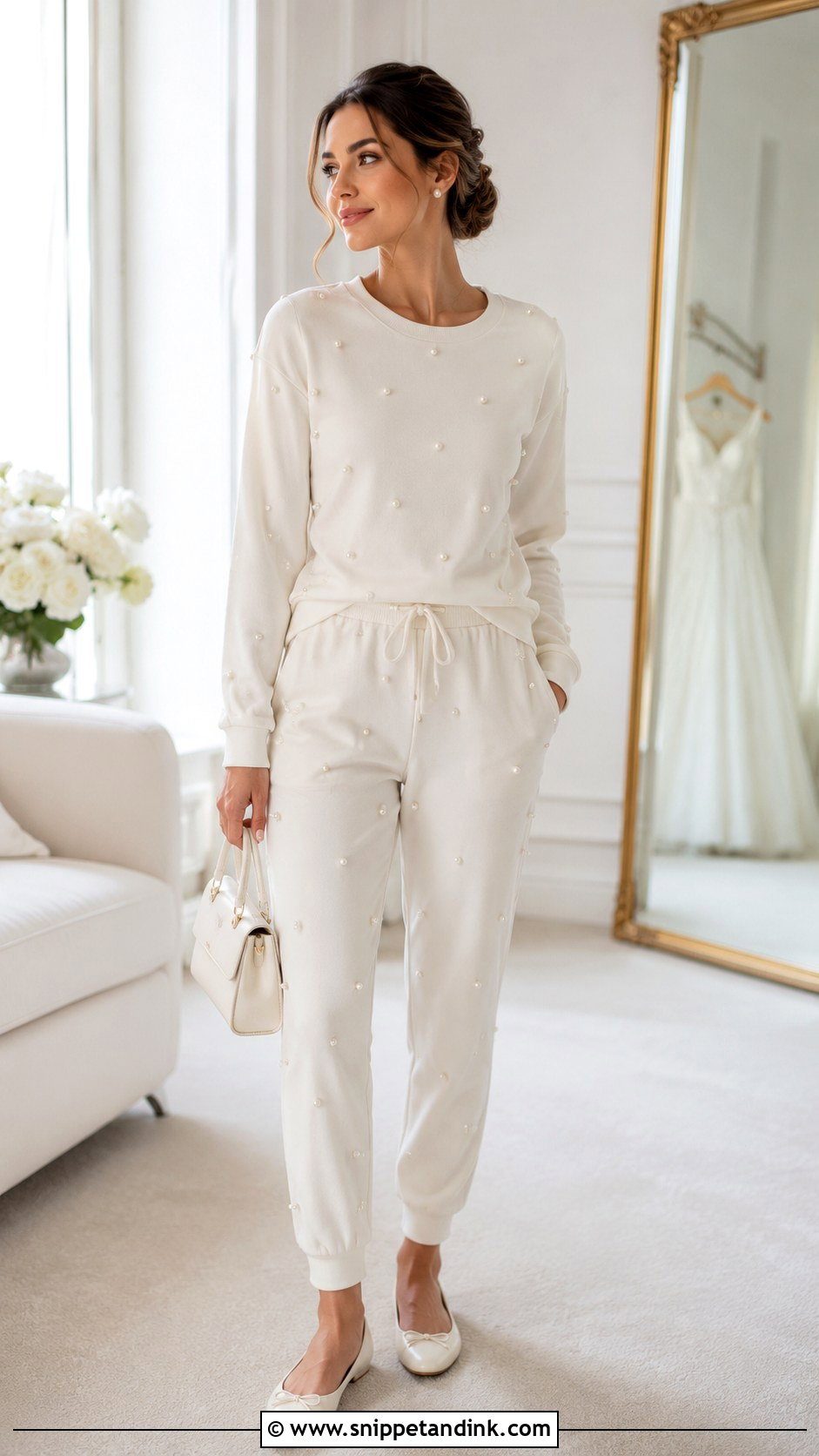 Pearl Bride Sweatsuit With Ballet Flats - Snippet and Ink - 20 Bride Sweatsuit Ideas