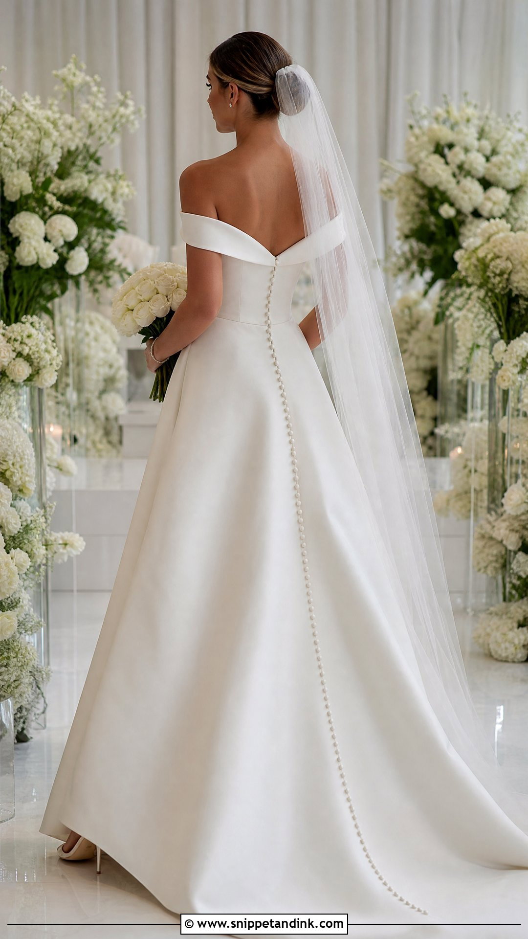 Pearl Button Back Off the Shoulder Wedding Dress - Snippet and Ink - 20 Simple Off the Shoulder Wedding Dress Ideas